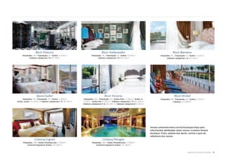 Acesse uniworldcruises.com.br/boutique-ships para 
informações detalhadas sobre nossos cruzeiros fluviais 
boutique. Fotos, plantas dos decks, convés e guia de 
referência dos navios. 
River Princess 
Hóspedes: 130 | Tripulação: 41 | Suítes: 4 (20m2) 
Cabines categorias 1–5: 61 (14m2) 
Queen Isabel 
Hóspedes: 118 | Tripulação: 33 | Suítes: 2 (30m2) 
Suítes Junior: 18 (20m2) | Cabines categorias 1–3: 39 (15m2) 
River Orchid 
Hóspedes: 58 | Tripulação: 28 | Suítes: 2 (22m2) 
Cabines: 27 (168m2) 
River Ambassador 
Hóspedes: 116 | Tripulação: 41 | Suítes: 4 (24m2) 
Cabines categorias 1–3: 54 (12m2) 
River Victoria 
Hóspedes: 202 | Tripulação: 110 | Suítes Pres: 2 (38m2) | Suítes Jr: 
2 (31m2) | Suítes Dlx: 6 (25m2) | Cabines categorias 1–3: 62 (20m2) 
Cabines categorias 4–5: 26 (13m2) | Cabines categoria 6: 3 (15m2) 
Century Legend 
Hóspedes: 398 | Suítes Presidenciais: 2 (106m2) 
Uniworld Signature Suítes: 34 (28m2) 
River Baroness 
Hóspedes: 116 | Tripulação: 41 | Suítes: 4 (24m2) 
Cabines categorias 1–3: 54 (12m2) 
Century Paragon 
Hóspedes: 398 | Suítes Presidenciais: 2 (106m2) 
Uniworld Signature Suítes: 34 (28m2) 
UNIWORLDCRUISES.COM.BR | 11 
 