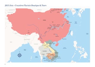 Muralha da China 
Rio Daning 
Rio Li 
2015 Ásia – Cruzeiros Fluviais Boutique & Tours 
Rio Yangtze 
Xi’an 
Guilin 
Yangshuo 
Mar da 
Coréia 
Xangai 
Suzhou 
Chongqing 
Tongli 
Hidrelétrica 
de Três 
Gargantas Yichang 
Shennv 
Rio Yangtze 
Stream 
Três 
Gargantas 
Shibaozhai 
Maoping 
Hanoi Ha Long 
Bay 
Baia do 
Bengal 
Oceano 
Pacífico 
Estreito de Taiwan 
Mar do 
Leste 
da China 
Mar 
Amarelo 
Golfo da 
China 
Mar do 
Japão 
Golfo da 
Tailândia 
Mar de 
Andaman 
Tonle Sap 
TAILÂNDIA 
MALÁSIA 
LAOS 
INDIA 
MYANMAR 
BUTÃO 
CAZAQUISTÃO 
KYRGYZSTAN 
CORÉIA 
DO SUL 
COREÍA DO 
NORTE 
JAPÃO 
MONGÓLIA 
VIETNÃ 
CHINA 
CAMBOJA 
NEPAL 
BANGLADESH 
FILIPINAS 
Siem Reap 
Mar do 
Sul da China 
Rio Mekong 
Pequim 
Wat Hanchey 
Rio 
Mekong 
Kampong Cham 
Kampong 
Chhnang 
Phnom Penh 
Chau Doc 
Chau Phong Island 
Ho Chi Minh City 
My Tho 
Sa Dec Cai Be 
Tibet 
Lhasa 
Rio Mekong 
Hong Kong 
Luang Prabang 
Bangkoc 
6 
 