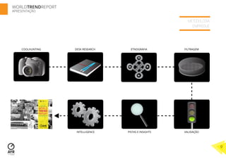 WORLDTRENDREPORT
APRESENTAÇÃO


                                                                             METODOLOGIA
                                                                               EMPREGUE




    COOLHUNTING                        DESK RESEARCH     ETNOGRAFIA        FILTRAGEM




                        GLOBALTRENDS
                        OBSERVATORY




                  2012/2013



               WORLD
               TREND
               REPORT
               APRESENTAÇÃO




                                        INTELLIGENCE   PISTAS E INSIGHTS   VALIDAÇÃO




                                                                                           9
 