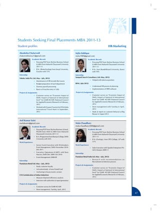 Students Seeking Final Placements MBA 2011-13
Student profiles                                                                                                          HR-Marketing

 Akanksha Chaturvedi                                                    Injila Siddique
 chaturvedisonu21@gmail.com                                             injila1989@gmail.com
                  Academic Record:                                                       Academic Record:
                    •• Pursuing PGP from Skyline Business School                            •• Pursuing PGP from Skyline Business School
                         MBA from Maharshi Dayanand University                                  MBA from Maharshi Dayanand University
                        2011-13                                                                 2011-13
                    •• B Sc. (Biotechnology) from Jiwaji University,                        •• B Sc. from Bundelkhand University, Jhansi
                        Gwalior with 72%                                                        with 70%
 Internship:                                                            Internship:
                                                                        Sampark Search Consultancy Ltd. (May, 2012)
 Tekelec India Pvt. Ltd. (May – July, 2012)
                                                                                            •• Helped with talent acquisition
                    •• Maintenance of HR records like Leaves
                    •• Budget preparation of each department            BSNL. (July 2012)
                    •• Dummy payroll processing                                             •• Understood HR process  planning

                    •• Basics of Voucher entry in Tally                                     •• Implementation of HRIS software

 Projects  Assignments:                                                Projects  Assignments:
                    •• Customer survey on “Economic Impact of                               •• Customer survey on “Economic Impact of
                        Delhi Airport at National  International                               Delhi Airport at National  International
                        level” for GMR-NCAER (National Council                                  level” for GMR- NCAER (National Council
                        for Applied Economic Research) in February,                             for Applied Economic Research) in February,
                        2012                                                                    2012
                    •• Worked with Gujarat Tourism for IITM (India                          •• Store management with Tanishq in April,
                        International Travel Mart) in September,                                2012
                        2012                                                                •• Study  report on customer behavior at Big
                                                                                                Bazaar in August 2012


 Anil Kumar Saini
 mailaksaini@gmail.com                                                  Mala Chaudhary
                  Academic Record:                                      mala.chaudhary2000@gmail.com
                    •• Pursuing PGP from Skyline Business School,                        Academic Record:
                        PGDM from AIMA  MBA from Maharshi                                  •• Pursuing PGP from Skyline Business School
                        Dayanand University 2011-13                                              MBA from Maharshi Dayanand University
                    •• B.A. (Programme) from Ramjas College, Delhi                              2011-13
                        University with 56%                                                 •• B Sc (Zoology). from SPS College, UP with
 Work Experience:                                                                               51%

                    •• Senior Event Executive with Wishmakers           Work Experience:
                        Event Management, Delhi November 2010-                              •• Sales Executive with Sparkle Enterprises Pvt.
                        July 2011                                                               Ltd in Kanpur 2009-11
                    •• Executive- Operations  MICE- with Story
                                                                        Internship:
                        Macom, Delhi Dec 2009- Oct 2010
                    •• Event Management 2008-09                         Pantaloon Retail India Ltd. (May – July, 2012)
                                                                                            •• R e s e a r c h w i t h r e c o m m e n d a t i o n s o n
 Internship:
                                                                                                Recruitment  Selection process
 Pantaloons Retail Ltd. (May – July, 2012)
                                                                        Projects  Assignments:
                    •• Study customer loyalty
                                                                                            •• Customer survey on “Economic Impact of
                    •• Activation/study of new Greed Card
                                                                                                Delhi Airport at National  International
                    •• Anchoring in-house events at store                                       level” for GMR- NCAER (National Council
 CII (Confederation of Indian Industries)                                                       for Applied Economic Research) in February,
                                                                                                2012
                    •• Measure shipment efficiency analysis
                    •• Interview with authorities  report generation

 Projects  Assignments:
                    •• Customer survey for GMR-NCAER
                    •• Store management, Tanishq, April, 2012

                                                                                                                                                           47
 