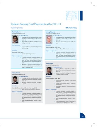 Students Seeking Final Placements MBA 2011-13
Student profiles                                                                                                           HR-Marketing

 Preeti Kakkar                                                            Sanyog Maurya
 mbagirlpreeti@gmail.com                                                  sanyogmaurya7@gmail.com
                 Academic Record:                                                         Academic Record:
                    •• Pursuing PGP from Skyline Business School                            •• Pursuing PGP from Skyline Business School
                        MBA from Maharshi Dayanand University                                   MBA from Maharshi Dayanand University
                       2011-13                                                                  2011-13
                    •• B. Tech (E  C) from Baba Mastnath Engineering                       •• B Sc. from Purvanchal University, U.P. with
                       College with 73%                                                         56%
 Work Experience:                                                         Internship:
                    •• Lecturer at Shri Balaji Institute of Engineering   Future Group (May – July, 2012)
                        Technology
                                                                                            •• Study on Buying behaviour of customers
 Internship:
                                                                          Projects  Assignments:
 MMTC (May – July, 2012)                                                                    •• Customer survey on “Economic Impact of
                    •• Selection  training procedure                                           Delhi Airport at National  International
                                                                                                level” for GMR- NCAER (National Council
 Projects  Assignments:
                                                                                                for Applied Economic Research) in February,
                    •• Customer survey on “Economic Impact of                                   2012
                       Delhi Airport at National  International
                       level” for GMR- NCAER (National Council
                       for Applied Economic Research) in February,
                       2012                                               Sumit Biswas
                    •• Worked in registration department in
                                                                          sumit090872@gmail.com
                       exhibition for IITM (India International Travel
                       Mart) in September, 2012                                           Academic Record:
                                                                                            •• Pursuing PGP from Skyline Business School
                                                                                                 MBA from Maharshi Dayanand University
                                                                                                2011-13
 Sanjay Kumar                                                                               •• B. Com from KNPG College, Purvanchal
 lakhlansanjay@gmail.com                                                                        University with 1st division
                 Academic Record:                                         Internship:
                    •• Pursuing PGP from Skyline Business School          Future Group (May – July, 2012)
                        MBA from Maharshi Dayanand University
                                                                                            •• U n d e r s t a n d i n g S t a n d a r d O p e r a t i n g
                       2011-13
                                                                                                Operations
                    •• BBA from Singhania University, Rajasthan,
                                                                                            •• Helped with medical camp  employee
                       with 60%
                                                                                                engagement
 Internship:                                                                                •• Working on Sparsh for weekly attendance
 Power Grid Corporation of India Ltd. (May – July, 2012)                                        updation
                    •• Study on talent procurement  retention            Projects  Assignments:
 Projects  Assignments:                                                                    •• Customer survey on “Economic Impact of
                                                                                                Delhi Airport at National  International
                    •• Customer survey on “Economic Impact of
                                                                                                level” for GMR- NCAER (National Council
                       Delhi Airport at National  International
                                                                                                for Applied Economic Research) in February,
                       level” for GMR- NCAER (National Council
                                                                                                2012
                       for Applied Economic Research) in February,
                       2012                                                                 •• Store management with Tanishq in April,
                                                                                                2012
                    •• Store management with Tanishq in April,
                       2012                                                                 •• Event management with CII- Institute of
                                                                                                Logistics for Auto-SCM in August 2012




                                                                                                                                                             49
 