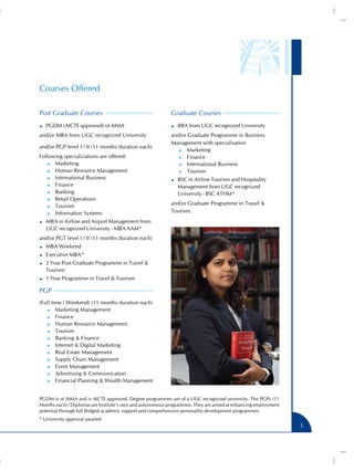 Courses Offered

Post Graduate Courses                                      Graduate Courses
   PGDM (AICTE approved) of AIMA                              BBA from UGC recognized University
and/or MBA from UGC recognized University                  and/or Graduate Programme in Business
                                                           Management with specialisation
and/or PGP level I / II (11 months duration each)
                                                              )) Marketing
Following specializations are offered:                        )) Finance
   )) Marketing                                               )) International Business
   )) Human Resource Management                               )) Tourism
   )) International Business
                                                              BSC in Airline Tourism and Hospitality
   )) Finance
                                                              Management from UGC recognized
   )) Banking
                                                              University - BSC ATHM*
   )) Retail Operations
                                                           and/or Graduate Programme in Travel &
   )) Tourism

   )) Information Systems
                                                           Tourism.
   MBA in Airline and Airport Management from
   UGC recognized University - MBA AAM*
and/or PGT level I / II (11 months duration each)
   MBA Weekend
   Executive MBA*
   2 Year Post Graduate Programme in Travel &
   Tourism
   1 Year Programme in Travel & Tourism

PGP
(Full time / Weekend) (11 months duration each)
   )) Marketing Management

   )) Finance

   )) Human Resource Management

   )) Tourism

   )) Banking & Finance

   )) Internet & Digital Marketing

   )) Real Estate Management

   )) Supply Chain Management

   )) Event Management

   )) Advertising & Communication

   )) Financial Planning & Wealth Management




PGDM is of AIMA and is AICTE approved. Degree programmes are of a UGC recognized university. The PGPs (11
Months each) / Diplomas are Institute’s own and autonomous programmes. They are aimed at enhancing employment
potential through full fledged academic support and comprehensive personality development programmes.
* University approval awaited
                                                                                                                5
 