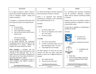 SYMBOL
It is something that represents something
else by association, especially a material
object used to represent something invisible
or abstract.
Symbol is the use of a real object to refer to
something spiritual or imagined or simply to
evoke another reality.
A thing that is regarded as representing or
standing for another.
Examples:
"The eagle is a symbol of the United
States"
Heart: love
In the Christian religion, bread and
wine are symbolic of Christ's body
and blood.
http://www.thefreedictionary.com/symbol
http://www.retoricas.com/2009/06/1-ejemplo-de-
simbolo.html
SIMILE
It is where two things are directly compared
because they have a feature in common.
Simile is an expression that describes
something by comparing it with something
else using the word ‘like’ or ‘as’.
Examples:
Using as:
‘As cold as a dog’s nose’
‘She isn’t as beautiful as her mother
was in her youth’
‘As clear as crystal’
Using like:
‘Your smile is like a flower’
‘It’s been a hard day’s night, and I’ve
been working like a dog’. The Beatles
‘They fought like cats and dogs’
The above patterns of simile are the most
common, but there are others made with
adverbs or words such as than and as if, for
example:
‘He is larger than life’
‘They ran as if for their lives’
http://www.yourdictionary.com/
http://www.englishclub.com/vocabulary/figures-
simile.htm
METAPHOR
It is a figure of speech in which a word or
phrase that ordinarily designates one thing is
used to designate another, making and
implicit comparison.
A metaphor is a comparison that shows how
two things are similar in one important way.
Examples:
‘A river of tears’
‘A sea of troubles’
‘He is a tiger when he’s angry’
‘She was fairly certain that life was a
fashion show’
Look at this example:
Her home was a prison’
In the above sentence, we understand
immediately that her home had some of the
characteristics of a prison. Mainly, we
imagine, she could not leave her home.
Dead metaphor: a metaphor that has
occurred so often that it has become a new
meaning of the expression (e.g., `he is a
snake' may once have been a metaphor but
after years of use it has died and become a
new sense of the word `snake')
Mixed metaphor: a combination of two or
more metaphors that together produce a
ridiculous effect.
http://www.thefreedictionary.com/
http://www.englishclub.com/vocabulary/figures-
metaphor.htm
The dove is the
symbol of peace.
A weighing scale:
justice
 