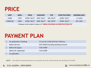 PRICE
UNIT AREA PRICE DISCOUNT TPD EFFECTIVE PRICE BOOKING AMT.
3 BHK 1750 6750/- SQ.FT 450/- SQ.FT 50/- SQ.FT 6250/- SQ.FT 7.5 LACS
3 BHK+SQ 1850 6750/- SQ.FT 450/- SQ.FT 50/- SQ.FT 6750/- SQ.FT 8.0 LACS
Cheques to be made in favour of "ANSAL HOUSING & CONSTRUCTION LTD"
www.ansalsector88a.in0124 4250991, 9999189999
NOTE :- the details mentioned above are tentative & to be confirmed by the developer & HUDA.
1 On application / booking 7.5 Lacs for 3 bhk & 8.0 for 3 bhk+sq
2 Before 20 June 15% of BSP (Including booking amount)
3 Before 05 August 7.5% of BSP
4 Before 20 September 7.5% of BSP
5 As applicable
PAYMENT PLAN
 