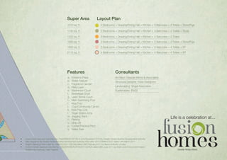 a.	 Entrance Plaza
b.	 Water Feature
c.	 Fragrance Garden
d.	 Party Lawn
e.	 Badminton Court
f.	 Basketball Court
g.	 Lawn Tennis Court
h.	 Main Swimming Pool
i.	 Kids Pool
j.	 Club/Community Centre
k.	 Kids Play Lots
l.	 Yoga/ Elders Zone
m.	Jogging Track
n.	 Parking
o.	Drop-off
p.	 Cricket Practice Pitch
q.	 Water Park
Features
Architect: Deepak Mehta & Associates
Structural Designer: Keen Designers
Landscaping: Singal Associates
Sustainability: [RdD]
Consultants
1935 sq. ft.
2115 sq. ft.
Super Area
1130 sq. ft.
1400 sq. ft.
1600 sq. ft.
1010 sq. ft.
3 Bedrooms + Drawing/Dining Hall + Kitchen + 4 Balconies + 4 Toilets + ST
4 Bedrooms + Drawing/Dining Hall + Kitchen + 4 Balconies + 4 Toilets + ST
Layout Plan
2 Bedrooms + Drawing/Dining Hall + Kitchen + 3 Balconies + 2 Toilets + Study
3 Bedrooms + Drawing/Dining Hall + Kitchen + 4 Balconies + 2 Toilets
3 Bedrooms + Drawing/Dining Hall + Kitchen + 5 Balconies + 3 Toilets + Store/Puja
2 Bedrooms + Drawing/Dining Hall + Kitchen + 3 Balconies + 2 Toilets + Store/Puja
•	 Lease Deed executed vide letter No. Prop/BRS/2010/138 on 2nd November 2010 by Greater Noida Industrial Development Authority.
•	 Map Clearance By Greater Noida Industrial Development Authority vide Letter 2521/OPANO/2337 dated 14th March 2011.
•	 Height Clearance Vide Letter No. AAI/NOC/2011/38/389 dated 28th February 2011 by Airport Authority of India.
•	 Environmental Clearance vide Ref No. 1653/ENV/SEAC/679/2011/JDACA dated 06th June 2011 by State Level Environment Impact
Assessment Authority, Uttar Pradesh Greater Noida (West)
Life is a celebration at...
 