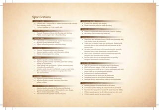 Specifications
STRUCTURE

• Ground plus 1 storeyed RCC framed structure with concrete
block masonry walls.
• Covered parking for 1 car in each unit.

FOYER/LIVING/DINING/FAMILY ROOM

• Natural/Engineered stone slab flooring and skirting.
• Plastic emulsion paint for walls and ceiling.

BEDROOMS

• Laminated wooden flooring in master bedroom only
• Superior quality vitrified tile flooring.
• Plastic emulsion paint for walls and ceiling.

KITCHEN

• Natural/Engineered stone slab flooring.
• Superior quality ceramic wall tiling upto ceiling.
• Plastic emulsion paint for ceiling.

TOILETS

• Superior quality ceramic tile flooring.
• Superior quality ceramic wall tiling upto false ceiling/
ceiling (as applicable)
• False ceiling with grid panels / plastic emulsion paint
for ceiling (as applicable)
• Granite vanity counter in all toilets except servant toilet.
• Shower partitions in all toilets except powder room
and servant toilet.

UTILITIES

• Superior quality ceramic tile flooring.
• Superior quality ceramic wall tiling upto false
ceiling/ceiling.

SIT-OUT/TERRACE
•
•
•
•

Superior quality ceramic tile flooring and skirting.
Granite coping for parapet/MS handrail as per design.
Plastic emulsion paint for ceiling.
All external walls painted in textured paint.

SERVANT ROOM

• Ceramic tile flooring and skirting.
• Plastic emulsion paint for walls & ceiling.

STAIRCASE (INTERNAL)

• Natural/Engineered stone slab treads, risers & landing.
• MS railing with wooden top hand rail.

DOORS AND WINDOWS

• Main door and bedroom doors of both sides masonite skin,
with timber frame & architraves
• Toilet door of timber frame and architraves. Shutter with
masonite skin on the external side and laminate on the
internal side.
• All other external doors to be manufactured in specially
designed heavy-duty aluminium extruded frames.
• Heavy-duty aluminium windows made from specially
designed and manufactured sections.
• Servant toilet door to be manufactured in specially
designed aluminium extruded frames.

ELECTRICAL

• Split AC provision in living room and all bedrooms.
• BESCOM power supply: 12 kW in all rowhouses.
• Generator power back up of 4 kW for rowhouses and 100%
power back up for common area facilities.
• Exhaust fans in kitchen and toilets.
• Television points in living and all bedrooms.
• Telephone points in living and all bedrooms.
• Intercom facility from security cabin to each rowhouse.

PLUMBING AND SANITARY
•
•
•
•
•

Sanitary fixtures of reputed make in all toilets.
Chromium plated fittings of reputed make in all toilets.
Stainless steel single bowl sink with drain board in utility.
25 litre capacity geyser in all toilets except powder room
15 litre capacity geyser in servant toilet

 