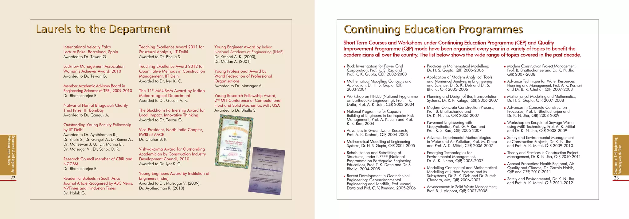 DepartmentofCivilEngineering-
PerformingovertheYears
22 23
International Velocity Falco
Lecture Prize, Barcelona, Spain
Awarded to Dr. Tewari G.
Lucknow Management Association
Woman’s Achiever Award, 2010
Awarded to Dr. Tewari G.
Member Academic Advisory Board in
Engineering Sciences at TERI, 2009-2010
Dr. Bhattacharjee B.
Natwarlal Harilal Bhagawati Charity
Trust Prize, IIT Bombay
Awarded to Dr. Ganguli A.
Outstanding Young Faculty Fellowship
by IIT Delhi
Awarded to Dr. Ayothiraman R.,
Dr. Bhalla S., Dr. Ganguli A., Dr. Kumar A.,
Dr. Maheswari J. U., Dr. Manna B.,
Dr. Matsagar V., Dr. Sahoo D. R.
Research Council Member of CBRI and
NCCBM
Dr. Bhattacharjee B.
Residential Biofuels in South Asia:
Journal Article Recognised by ABC News,
NVTimes and Hindustan Times
Dr. Habib G.
Young Engineer Award by Indian
National Academy of Engineering (INAE)
Dr. Keshari A. K. (2000),
Dr. Madan A. (2001)
Young Professional Award by
World Federation of Professional
Organisations
Awarded to Dr. Matsagar V.
Young Research Fellowship Award,
2nd
MIT Conference of Computational
Fluid and Solid Mechanics, MIT, USA
Awarded to Dr. Bhalla S.
Teaching Excellence Award 2011 for
Structural Analysis, IIT Delhi
Awarded to Dr. Bhalla S.
Teaching Excellence Award 2012 for
Quantitative Methods in Construction
Management, IIT Delhi
Awarded to Dr. Iyer K. C.
The 11th
MAUSAM Award by Indian
Meteorological Department
Awarded to Dr. Gosain A. K.
The Stockholm Partnership Award for
Local Impact, Innovative Thinking
Awarded to Dr. Tewari G.
Vice-President, North India Chapter,
EWRI of AACE
Dr. Chahar B. R.
Vishwakarma Award for Outstanding
Academician by Construction Industry
Development Council, 2010
Awarded to Dr. Iyer K. C.
Young Engineers Award by Institution of
Engineers (India)
Awarded to Dr. Matsagar V. (2009),
Dr. Ayothiraman R. (2010)
DepartmentofCivilEngineering-
PerformingovertheYears
Laurels to the DepartmentLaurels to the Department Continuing Education ProgrammesContinuing Education Programmes
l 	 Practices in Mathematical Modelling, 		
	 Dr. H. S. Gupta, QIP, 2005-2006
l 	 Application of Modern Analytical Tools 		
	 and Numerical Analysis in Engineering 		
	 and Science, Dr. S. K. Deb and Dr. S. 		
	 Bhalla, QIP, 2005-2006
l 	 Planning and Design of Bus Transportation 	
	 Systems, Dr. R. R. Kalaga, QIP, 2006-2007
l	Modern Concrete Construction Process, 		
	 Prof. B. Bhattacharjee and
	 Dr. K. N. Jha, QIP, 2006-2007
l 	 Pavement Engineering with
	 Geosynthetics, Prof. G. V. Rao and
	 Prof. K. S. Rao, QIP, 2006-2007
l 	 Advance Experimental Methodologies 		
	 in Water and Air Pollution, Prof. M. Khare 	
	 and Prof. A. K. Mittal, CEP, 2006-2007
l 	 Emerging Technologies for
	 Environmental Management,
	 Dr. A. K. Nema, QIP, 2006-2007
l 	 Modelling Conceptual and Mathematical 	
	 Modelling of Urban Systems and its
	 Subsystems, Dr. S. K. Deb and Dr. Suresh 	
	 Chandra, MA, QIP, 2006-2007
l 	 Advancements in Solid Waste Management, 	
	 Prof. B. J. Alappat, QIP, 2007-2008
Short Term Courses and Workshops under Continuing Education Programme (CEP) and Quality
Improvement Programme (QIP) mode have been organised every year in a variety of topics to benefit the
academicians all over the country. The list below shows the wide range of topics covered in the past decade.
l 	 Rock Investigation for Power Grid
	 Corporation, Prof. K. S. Rao and
	 Prof. K. K. Gupta, CEP, 2002-2003
l 	 Mathematical Modelling Concepts and 		
	 Application, Dr. H. S. Gupta, QIP, 		
	 2003-2004
l	Workshop on NPEEE (National Programme 	
	 on Earthquake Engineering), Prof. T. K. 		
	 Datta, Prof. A. K. Jain, CEP, 2003-2004
l	 National Programme for Capacity 			
	 Building of Engineers in Earthquake Risk 		
	 Management, Prof. A. K. Jain and Prof. 		
	 K. S. Rao, 2004
l	Advances in Groundwater Research, 		
	 Prof. A. K. Keshari, QIP, 2004-2005
l	Mathematical Modelling of Engineering 		
	 Systems, Dr. H. S. Gupta, QIP, 2004-2005
l	 Rehabilitation and Retrofitting of 		
	 Structures, under NPEEE (National 		
	 Programme on Earthquake Enginering 		
	 Education), Prof. T. K. Datta and Dr. S. 		
	 Bhalla, 2004-2005
l 	 Recent Development in Geotechnical 		
	 Engineering: Geoenvironmental
	 Engineering and Landfills, Prof. Manoj 		
	 Datta and Prof. G. V. Ramana, 2005-2006
l 	 Modern Construction Project Management, 	
	 Prof. B. Bhattacharjee and Dr. K. N. Jha, 		
	 QIP, 2007-2008
l 	 Advance Technique for Water Resources 		
	 Planning and Management, Prof. A. K. Keshari 	
	 and Dr. B. R. Chahar, QIP, 2007-2008
l 	 Mathematical Modelling and Mathematics, 	
	 Dr. H. S. Gupta, QIP, 2007-2008
l 	 Advances in Concrete Construction 		
	 Processes, Prof. B. Bhattacharjee and
	 Dr. K. N. Jha, QIP, 2008-2009
l	 Workshop on Recycle of Sewage Waste 		
	 using MBR Technology, Prof. A. K. Mittal 		
	 and Dr. K. N. Jha, QIP, 2008-2009
l 	 Safety and Environmental Management 		
	 of Construction Projects, Dr. K. N. Jha 		
	 and Prof. A. K. Mittal, QIP, 2009-2010
l 	 Theory and Practices in Construction Project 	
	 Management, Dr. K. N. Jha, QIP, 2010-2011
l 	 Aerosol Properties: Health Regional, Air 		
	 Quality and Climate, Dr. Gazala Habib, 		
	 QIP and CEP, 2010-2011
l 	 Safety and Environmental, Dr. K. N. Jha 		
	 and Prof. A. K. Mittal, QIP, 2011-2012
23
DepartmentofCivilEngineering-
PerformingovertheYears
 