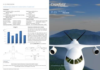 P-15 PRECISION
INCREASE YOUR CAPABILITIES. ACHIEVE MORE, AT LOWER COST.
CRANFIELD UNIVERSITY
United-Kingdom
Tel: +44 1234 750111
School of Aerospace, Transport and Manufacturing—Aerospace Vehicle Design MSc | Designers:
Florian Abribat (incl. Video) | Cyrille Antony (incl. Brochure) | Nicolas Baro | Raquel Barral | Govind Bhachu | Marc Cannadel-Sala | Adrian Echevarria Lopez
| Asim Farhat Siddiqui | David Larkin | Dac-Long Nguyen | Sam Zhen Gang
Conceptual Design | February 2015
P-15
A new definition of
PRECISION
PERFORMANCE:
Range (21t Payload or 90 PAX—2 class at M .80)
1800 NM | 3300 km
Typical city pairs
London-Istanbul, Dubai-New Delhi, Chicago-Anchorage
Ferry Range (0t Payload at M .80)
3000 NM | 5500 km
WEIGHTS / CAPACITIES:
Max Takeoff Weight 172,445 lbs | 78,220 kg
Max Zero-Fuel Weight 144,766 lbs | 65,665 kg
Max Fuel 47,972 lbs | 21,760 kg
Operating Empty Weight 90,180 lbs |40,905 kg
Takeoff Distance (MTOW, ISA, SL)
4200 ft | 1290 m
Approach Speed
135 kts | 250 km/h
Airport Design Capability
ICAO Code D / FAA Group IV
ENGINES & AVIONICS:
Pratt & Whitney PW 2037 Thrust per engine (SL, ISA): 160kN
Ceiling Altitude FL330 (33.000 ft | 10.060 m)
Specific Fuel Consumption SFC: 0.563
Flight Deck 6x 15” HD displays (synthetic vision) - 2x HUD
ACQUISITION / OPERATING COSTS—REVENUE:
The integration of the most advanced technologies will
help your airline to achieve lower fuel consumption
and maintenance costs.
The P-15 Precision also helps enlarge your panel of
services and offers an outstanding passenger / cargo
experience to increase your prosperity and your yield.
With a low turn-around-time, the P-15 is definitely at
the forefront of the convertible aircraft market:
passengers during the day and freight during the night,
keeping your aircraft generating revenue, every time.
Lower operating costs, higher revenue:
generating MORE PROFIT than its competitors.
© Copyright 2015 Cranfield University. All rights reserved.
 
