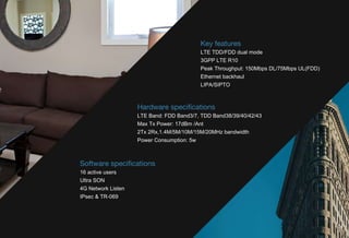 Softwarespeciﬁcations
16activeusers
UltraSON
4GNetworkListen
IPsec&TR-069
Hardwarespeciﬁcations
LTEBand:FDDBand3/7,TDDBand38/39/40/42/43
MaxTxPower:17dBm/Ant
2Tx2Rx,1.4M/5M/10M/15M/20MHzbandwidth
PowerConsumption:5w
Keyfeatures
LTETDD/FDDdualmode
3GPPLTER10
PeakThroughput:150MbpsDL/75MbpsUL(FDD)
Ethernetbackhaul
LIPA/SIPTO
 