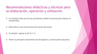 Recomendaciones didácticas y técnicas para
su elaboración, operación y utilización
 Su mensaje verbo escrito son persistente y deben ilustrarse para mejorar la
comprensión.
 Desarrolla un solo tema atravez de varios sub-temas.
 Su tamaño regular es de 5 x 3 ½
 Tomar su principal característica de divulgación y comunicación educativa.
 