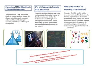 Promotion of STEM Education, is
a Potential in Innovation
The promotion of STEM education is
trend for training students to meet the
changes and challenges in our society
and around the world with rapid
economic, scientific and technological
developments.
Why is it Necessary to Promote
STEM Education ?
Promotion of STEM education is as a key
emphasis under the ongoing renewal of
the school curriculum for that the
students to become lifelong learners
with appropriate knowledge, generic
skills as well as values and attitudes
necessary for facing challenges in the
21st century.
What is the direction for
Promoting STEM Education?
Strategies should be used to suit the
needs and interests of students, essential
learning experiences for all students
that have the ability to learn and should
be provided with STEM-related learning
opportunities which form part of the
essential learning experiences, that
include learning opportunities beyond
classroom.
 