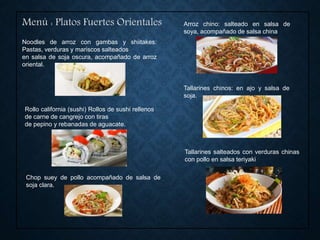 Noodles de arroz con gambas y shiitakes:
Pastas, verduras y mariscos salteados
en salsa de soja oscura, acompañado de arroz
oriental.
Menú : Platos Fuertes Orientales Arroz chino: salteado en salsa de
soya, acompañado de salsa china
Tallarines salteados con verduras chinas
con pollo en salsa teriyaki
Tallarines chinos: en ajo y salsa de
soja.
Rollo california (sushi) Rollos de sushi rellenos
de carne de cangrejo con tiras
de pepino y rebanadas de aguacate.
Chop suey de pollo acompañado de salsa de
soja clara.
 