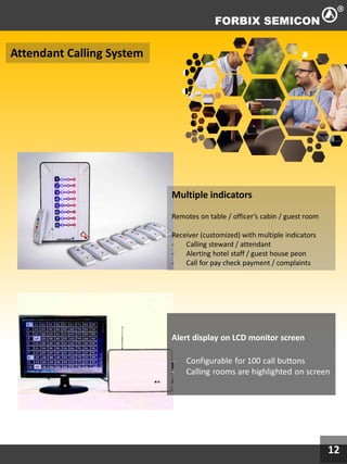 12
Token Printer Dispenser
Queue Management System
Token Displays
Multiple indicators
Remotes on table / officer’s cabin / guest room
Receiver (customized) with multiple indicators
- Calling steward / attendant
- Alerting hotel staff / guest house peon
- Call for pay check payment / complaints
Alert display on LCD monitor screen
- Configurable for 100 call buttons
- Calling rooms are highlighted on screen
Attendant Calling System
 