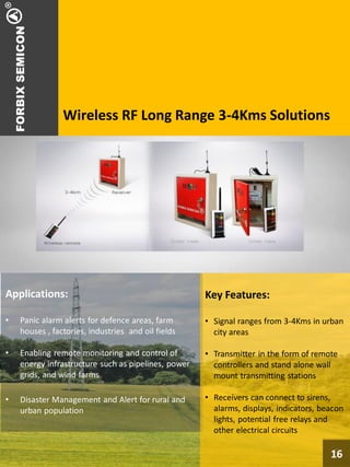 5
Applications:
• Panic alarm alerts for defence areas, farm
houses , factories, industries and oil fields
• Enabling remote monitoring and control of
energy infrastructure such as pipelines, power
grids, and wind farms
• Disaster Management and Alert for rural and
urban population
Key Features:
• Signal ranges from 3-4Kms in urban
city areas
• Transmitter in the form of remote
controllers and stand alone wall
mount transmitting stations
• Receivers can connect to sirens,
alarms, displays, indicators, beacon
lights, potential free relays and
other electrical circuits
16
Wireless RF Long Range 3-4Kms Solutions
 