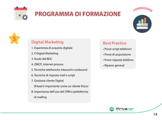 Agenzia di vendita auto tra privati
PROGRAMMA DI FORMAZIONE
5 Digital Marketing
1. Esperienza di acquisto digitale
2. Il Digital Marketing
3. Ruolo del BDC
4. ZMOT, internet process
5. Tecniche telefoniche inbound e outbound
6. Tecniche di risposta mail e script
7. Gestione cliente Digital
(Il lead è importante come un cliente fisico)
8. Importanza dell’uso del CRM e piattaforma
di mailing
Best Practice
• Prove script telefonici
• Prove di acquisizione
• Prove risposta telefono
• Ripasso general
14
FORMAZIONE
 