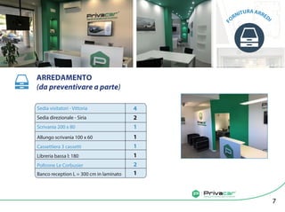 Agenzia di vendita auto tra privati
Sedia visitatori - Vittoria
Sedia direzionale - Siria
Scrivania 200 x 80
Allungo scrivania 100 x 60
Cassettiera 3 cassetti
Libreria bassa l: 180
Poltrone Le Corbusier
Banco reception L = 300 cm in laminato
4
2
1
1
1
1
2
1
ARREDAMENTO
(da preventivare a parte)
7
F
ORNITURAARRED
I
 