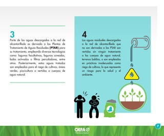 Parte de las aguas descargadas a la red de
alcantarillado es derivada a las Plantas de
Tratamiento de Aguas Residuales (PTAR) para
su tratamiento, empleando diversas tecnologías
como: lagunas facultativas, lagunas aireadas,
lodos activados o filtros percoladores, entre
otros. Posteriormente, estas aguas tratadas
son empleadas para el riego de cultivos, áreas
verdes, piscicultura o vertidas a cuerpos de
agua natural.
Las aguas residuales descargadas
a la red de alcantarillado que
no son derivadas a las PTAR son
vertidas sin ningún tratamiento
a los cuerpos de agua natural,
terrenos baldíos, o son empleadas
en prácticas inadecuadas como
riego de cultivos, lo que representa
un riesgo para la salud y el
ambiente.
7
3 4
 