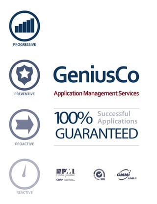 PROGRESSIVE




              GeniusCo
PREVENTIVE    Application Management Services



              100%           Successful
                             Applications

PROACTIVE
              GUARANTEED


 REACTIVE
 