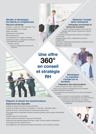 Préparer et réussir les transformations
Déploiement des dispositifs
Stratégie et ingénierie sociale et syndicale des projets
Analyses sectorielles des métiers et compétences – Étude des « Passerelles métiers »
Ingénierie de projet, coaching d’équipe et monitoring de la performance
Accompagnement aux négociations internes et externes (syndicats, pouvoirs publics, autres parties
prenantes)
Stratégie et plan de communication
Création, reprise et diversification de/au sein de l’entreprise
Déploiement des dispositifs (espace information conseil / antenne emploi) et reclassement
Accompagnement des mobilités internes
Accompagnement de l’entrepreneuriat intégrant essaimage, cumul d’activités, franchises…
Développer
ou maintenir
l’emploi sur le
territoire
Préparation des restructurations
Études de bassins d’emploi, études d’impact
Plan de communication et développement de la médiation
territoriale (revitalisation notamment)
Accompagnement des transformations au sein de l’écosystème
territorial
Appui et conseil sur la communication, la mobilisation
du management, la démultiplication des expérimentations…
Monitoring de la performance et consolidation
des acquis au sein de l’entreprise et de l’équipe
managériale
Optimiser l’emploi
dans l’entreprise
Anticipation économique et
ressources humaines
Audit et professionnalisation de la fonction RH
Dialogue social, groupes d’expression et veille du
climat social
Prévention des Risques Psycho Sociaux et Qualité de
Vie au Travail
Stratégie d’emploi, GPEC, mobilité interne, formation
professionnelle
Identification d'alternatives économiques à la fermeture de sites
Organisations apprenantes
Stratégie de transformation
Révéler et développer
les talents et compétences
Parcours individuels
Évaluation : assessment, 360°, dispositifs ad hoc
Professionnalisation des managers
Gestion des talents
Développement du leadership
Bilans professionnels
Accompagnement à la création d'entreprise
Transition de carrière : outplacement individuel et
accompagnement de conjoint
Executive coaching
Conseil en management des ressources
humaines
360°
Une offre
en conseil
et stratégie
RH
 