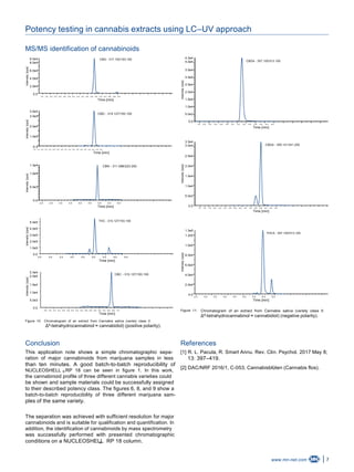 7www.mn-net.com
Potency testing in cannabis extracts using LC–UV approach
MS/MS identification of cannabinoids
9.0e4
8.0e4
6.0e4
4.0e4
2.0e4
0.0
3.5e4
3.0e4
2.0e4
1.0e4
0.0
1.6 1.8 2.0 2.2 2.4 2.6 2.8 3.0 3.2 3.4 3.6 3.8 4.0 4.2 4.4 4.6 4.8 5.0
Time [min]
1.3e4
1.0e4
5.0e3
0.0
5.0e5
4.0e5
3.0e5
2.0e5
1.0e5
0.0
2.3e4
2.0e4
1.5e4
1.0e4
5.0e3
0.0
1.6 1.8 2.0 2.2 2.4 2.6 2.8 3.0 3.2 3.4 3.6 3.8 4.0 4.2 4.4 4.6 4.8 5.0
Time [min]
2.0 2.5 3.0 3.5 4.0 4.5 5.0 5.5 6.0
Time [min]
2.5 3.0 3.5 4.0 4.5 5.0 5.5 6.0 6.5
Time [min]
3.8 4.0 4.2 4.4 4.6 4.8 5.0 5.2 5.4 5.6 5.8 6.0 6.2 6.4 6.6 6.8 7.0
Time [min]
CBG - 317.152/193.100
CBD - 315.127/193.100
CBN - 311.086/223.200
THC - 315.127/193.100
CBC - 315.127/193.100
Intensity[cps]Intensity[cps]Intensity[cps]Intensity[cps]Intensity[cps]
Figure 10: Chromatogram of an extract from Cannabis sativa (variety class II:
Δ⁹-tetrahydrocannabinol ≈ cannabidiol) (positive polarity).
4.3e4
4.0e4
3.5e4
3.0e4
2.5e4
2.0e4
1.5e4
1.0e4
5.0e3
0.0
3.5e4
3.0e4
2.5e4
2.0e4
1.5e4
1.0e4
5.0e3
0.0
1.3e5
1.2e5
1.0e5
8.0e4
6.0e4
4.0e4
2.0e4
0.0
1.8 2.0 2.2 2.4 2.6 2.8 3.0 3.2 3.4 3.6 3.8 4.0 4.2 4.4
Time [min]
1.4 1.6 1.8 2.0 2.2 2.4 2.6 2.8 3.0 3.2 3.4 3.6 3.8 4.0 4.2 4.4
Time [min]
2.5 3.0 3.5 4.0 4.5 5.0 5.5 6.0 6.5
Time [min]
CBDA - 357.100/313.100
CBGA - 359.121/341.200
THCA - 357.100/313.100
Intensity[cps]Intensity[cps]Intensity[cps]
Figure 11: Chromatogram of an extract from Cannabis sativa (variety class II:
Δ⁹-tetrahydrocannabinol ≈ cannabidiol) (negative polarity).
Conclusion
This application note shows a simple chromatographic sepa-
ration of major cannabinoids from marijuana samples in less
than ten minutes. A good batch-to-batch reproducibility of
NUCLEOSHELL RP 18 can be seen in figure 1. In this work,
the cannabinoid profile of three different cannabis varieties could
be shown and sample materials could be successfully assigned
to their described potency class. The figures 6, 8, and 9 show a
batch-to-batch reproducibility of three different marijuana sam-
ples of the same variety.
®
The separation was achieved with sufficient resolution for major
cannabinoids and is suitable for qualification and quantification. In
addition, the identification of cannabinoids by mass spectrometry
was successfully performed with presented chromatographic
conditions on a NUCLEOSHELL RP 18 column.®
References
[1] R. L. Pacula, R. Smart Annu. Rev. Clin. Psychol. 2017 May 8;
13: 397–419.
[2] DAC/NRF 2016/1, C-053, Cannabisblüten (Cannabis flos).
 