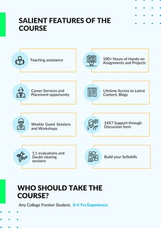 SALIENT FEATURES OF THE
COURSE
Teaching assistance
WHO SHOULD TAKE THE
COURSE?
Any College Fresher Student, 0-4 Yrs Experience.
100+ Hours of Hands-on
Assignments and Projects
Career Services and
Placement opportunity
Lifetime Access to Latest
Content, Blogs
Weekly Guest Sessions
and Workshops
24X7 Support through
Discussion form
1:1 evaluations and
Doubt clearing
sessions
Build your Softskills
 