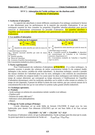 Chimie Fondamentale / CHIM 40
Licence
eme
3
Département SM /
/2
1
TP N° 2 : Adsorption de l’acide acétique sur du charbon ...
