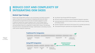 PRESS ESC
TO EXIT
FULLSCREEN
REDUCE COST AND COMPLEXITY OF
INTEGRATING OEM SKIDS
Module Type Package
Module Type Package (MTP) standard is now incorporated in the DeltaV automation
system to reduce the cost and complexity of integrating OEM skids with DeltaV,
and minimizes the requirement for end users and system integrators to invest
in additional engineering or special integration tools. The MTP Merge Utility in
DeltaV securely imports the MTP configuration file associated with the OEM skid,
and automatically creates the configuration in DeltaV within minutes. This eliminates
thousands of hours associated with the design, implementation, and testing of custom,
vendor-specific integration engineering.
„ Easy Module Type Package (MTP) file integration.
„ Eliminate complex and expensive manual equipment integration operations.
„ Automated generation of OPC UA device interface, optimized signal mapping,
and landing modules.
„ Seamless integration with Emerson’s PAC Systems PLCs and AMS Asset Monitor.
„ Time-based licensing for optimized cost and greater flexibility.
Traditional PLC Integration
Speciﬁcation
Deﬁnition
Prototyping Integration Integrated FAT SAT
Using MTP Integration
Speciﬁcation
Deﬁnition
Integration Integrated
FAT
SAT Startup and
Commissioning
Schedule Gained /
Cost Reduced
Startup and
Commissioning
 