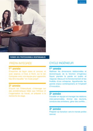 L’ ÉCOLE

FORMER DES PROFESSIONNELS RESPONSABLES

PRÉPA INTÉGRÉE

CYCLE INGÉNIEUR

1re année

1re année

S’exprimer de façon claire et concise, et
avec aisance, à l’oral, à l’écrit, sur le net.
Composer avec une équipe pour apprendre
très tôt à travailler “en mode projet”.

Maîtriser les dimensions relationnelles et
économiques de la fonction d’ingénieur.
Savoir prendre la parole en public et
négocier. Découvrir le fonctionnement et les
finalités d’une entreprise. Appréhender les
grands enjeux contemporains et l’impératif
d’innovation.

2e année
S’ouvrir sur l’interculturel, s’interroger sur
des problématiques telles que l’éthique et
l’organisation du travail, se préparer à la
recherche de stage.

2e année
Travailler en équipe et manager les relations
inter-personnelles. Animer des réunions,
conduire des entretiens, gérer des conflits…

3e année
Préparer sa transition vers le monde professionnel.

15

 