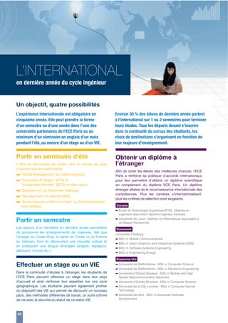 L’INTERNATIONAL
en dernière année du cycle ingénieur
Un objectif, quatre possibilités
L’expérience internationale est obligatoire en
cinquième année. Elle peut prendre la forme
d’un semestre ou d’une année dans l’une des
universités partenaires de l’ECE Paris ou au
minimum d’un séminaire en anglais d’un mois
pendant l’été, ou encore d’un stage ou d’un VIE.

Environ 30 % des élèves de dernière année partent
à l’international sur 1 ou 2 semestres pour terminer
leurs études. Tous les départs devant s’inscrire
dans la continuité du cursus des étudiants, les
choix de destinations s’organisent en fonction de
leur majeure d’enseignement.

Partir en séminaire d’été

Obtenir un diplôme à
l’étranger

L’offre de séminaires est variée, tant en termes de pays
d’accueil que de sujets traités :

– “Global Management” en Californie (UCI),
Design”
– “Innovation &Mobility” (BTK) et Allemagne,
“Sustainable
(BiTS) en
“Engineering” au Danemark (Aalborg),
–
– “Management” en Irlande (DBS),
– “Environmental conflicts in Chile” au Chili (Universidad
Viña del Mar)

Afin de doter les élèves des meilleures chances, l’ECE
Paris a renforcé sa politique d’accords internationaux
pour leur permettre d’obtenir un diplôme scientifique
en complément du diplôme ECE Paris. Un diplôme
étranger atteste de la reconnaissance internationale des
compétences. Plus les carrières s’internationalisent,
plus les critères de sélection sont exigeants.

Partir un semestre

– Université de Laval : Maîtrise en Informatique (équivalent à

Canada

– École de Technologie Supérieure (ÉTS) : Maîtrise en
ingénierie (équivalent diplôme ingénieur français)

Les séjours d’un semestre en dernière année permettent
de poursuivre les enseignements de majeures, tels que
l’énergie au Costa Rica, la santé en Corée ou la finance
au Vietnam, tout en découvrant une nouvelle culture et
en pratiquant une langue étrangère (anglais, espagnol,
allemand, chinois etc.).

Effectuer un stage ou un VIE
Dans la continuité d’études à l’étranger, les étudiants de
l’ECE Paris peuvent effectuer un stage dans leur pays
d’accueil et ainsi renforcer leur expertise sur une zone
géographique. Les étudiants peuvent également profiter
du dispositif des VIE qui permet de découvrir un nouveau
pays, des méthodes différentes de travail, un autre rythme
de vie avec la sécurité du statut de ce statut VIE.

52

un Master Recherche)

Danemark
Université d’Aalborg :
MSc in Mobile Communications
MSc in Vision Graphics and Interactive Systems (VGIS)
MSc in Software Systems Engineering
MSc in Engineering Energy

–
–
–
–

Royaume-Uni

– Université de Staffordshire : MSc in Computer Science
– Université de Staffordshire : MSc in Electronic Engineering
– Université d’Oxford Brookes : MSc in Mobile and High
Speed Telecommunication Networks

– Université d’Oxford Brookes : MSc in Computer Science
– Université de la City Londres : MSc in Computer Games
–

Technology
Université de Kent : MSc in Advanced Software
Development

 