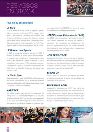 DES ASSOS
EN STOCK...
Plus de 30 associations
Le BDE

venir disputer les 24h de l’ESSEC : une course de karting

Le BDE anime la vie de l’école. Il organise : petits-

qui voit s’affronter toutes les grandes écoles.

déjeuners, soirées, sorties, pots ECE et voyages à prix
réduit. Il est garant de l’animation des moments forts

JEECE (Junior Entreprise de l’ECE)

d’intégration à l’Ecole. Il propose des réductions sur des

La JEECE est une association qui fonctionne comme

spectacles et sorties (théâtre, show, concerts sur Paris),

une société prestataire de services en mettant à

fédère et coordonne les 32 associations de l’ECE Paris,

disposition des entreprises les compétences des

organise le forum associatif, et anime les JPO de l’Ecole.

étudiants ingénieurs de l’école. Elle permet de réaliser

LE Bureau des Sports
Le BDS se charge de la gestion du sport à l’ECE. Il

des missions de façon professionnelle en rapport avec
les enseignements de l’ECE Paris.

propose la pratique de sports individuels et collectifs,

JOB SERVIC’ECE

et organise des entraînements hebdomadaires dans

L’association fonctionne comme une agence d’intérim.

chacune des disciplines. Il inscrit les équipes ECE aux

Elle fait l’interface entre les besoins des entreprises et les

compétitions universitaires (FFSU) et à certains tournois.

compétences des étudiants. Que ce soit à temps partiel

Il organise un séjour au ski et envoie des sportifs de

ou en job saisonnier, un large panel de petits travaux est

l’ECE Paris au CDMGE, Challenge du Monde des

disponible, il n’y a plus qu’à s’inscrire !

Grandes Ecoles.

Le Yacht Club

SPEAK UP
Speak Up est une association qui organise des débats

C’est l’association « voile » de l’ECE Paris. Elle développe

et des conférences sur le thème de la politique, de

des projets événementiels afin de fédérer les étudiants

l’économie et de la culture.

autour du monde de la voile. Elle participe chaque année
à la réputée Course Croisière Edhec.

KART’ECE

UNIS POUR AGIR
L’association humanitaire de l’ECE Paris mène des
projets d’entraide et de solidarité. Elle est composée d’un

Des pilotes aguerris font découvrir les sensations du

« pôle international » visant à aider au développement

karting grâce à un partenariat privilégié avec un circuit en

d’écoles et de dispensaires dans le monde et d’un « pôle

banlieue parisienne. KART’ECE souhaite rendre accessible

France » dans lequel elle apporte son soutien à la Croix

au plus grand nombre les rouages de ce sport mécanique

Rouge, au Téléthon et au Don du sang.

hors norme. En fin d’année, une équipe est constituée pour

68

 