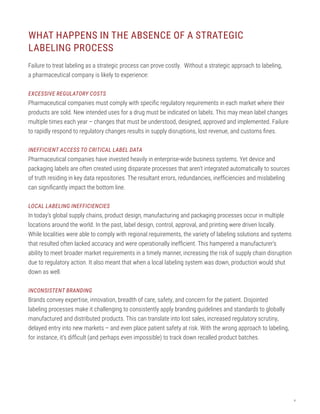 4
WHAT HAPPENS IN THE ABSENCE OF A STRATEGIC
LABELING PROCESS
Failure to treat labeling as a strategic process can prove costly. Without a strategic approach to labeling,
a pharmaceutical company is likely to experience:
EXCESSIVE REGULATORY COSTS
Pharmaceutical companies must comply with specific regulatory requirements in each market where their
products are sold. New intended uses for a drug must be indicated on labels. This may mean label changes
multiple times each year – changes that must be understood, designed, approved and implemented. Failure
to rapidly respond to regulatory changes results in supply disruptions, lost revenue, and customs fines.
INEFFICIENT ACCESS TO CRITICAL LABEL DATA
Pharmaceutical companies have invested heavily in enterprise-wide business systems. Yet device and
packaging labels are often created using disparate processes that aren’t integrated automatically to sources
of truth residing in key data repositories. The resultant errors, redundancies, inefficiencies and mislabeling
can significantly impact the bottom line.
LOCAL LABELING INEFFICIENCIES
In today’s global supply chains, product design, manufacturing and packaging processes occur in multiple
locations around the world. In the past, label design, control, approval, and printing were driven locally.
While localities were able to comply with regional requirements, the variety of labeling solutions and systems
that resulted often lacked accuracy and were operationally inefficient. This hampered a manufacturer’s
ability to meet broader market requirements in a timely manner, increasing the risk of supply chain disruption
due to regulatory action. It also meant that when a local labeling system was down, production would shut
down as well.
INCONSISTENT BRANDING
Brands convey expertise, innovation, breadth of care, safety, and concern for the patient. Disjointed
labeling processes make it challenging to consistently apply branding guidelines and standards to globally
manufactured and distributed products. This can translate into lost sales, increased regulatory scrutiny,
delayed entry into new markets – and even place patient safety at risk. With the wrong approach to labeling,
for instance, it’s difficult (and perhaps even impossible) to track down recalled product batches.
 