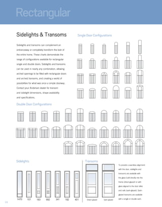 Single Door Configurations
Double Door Configurations
Sidelights and transoms can complement an
entranceway or completely transform the look of
the entire home. These charts demonstrate the
range of configurations available for rectangular
single and double doors. Sidelights and transoms
can be used in nearly any combination, allowing
arched openings to be filled with rectangular doors
and arched transoms, and creating a world of
possibilities for what was once a simple doorway.
Contact your Andersen dealer for transom
and sidelight dimensions, shape availability
and specifications.
Sidelights & Transoms
Sidelights Transoms
To provide a seamless alignment
with the door, sidelights and
transoms are available with
the glass built directly into the
frame (direct-glazed) or with
glass aligned to the door stiles
and rails (sash-glazed). Sash-
glazed transoms are available
with a single or double sash.
Rectangular
14
 