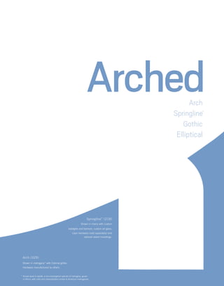 ArchedArch
Springline™
Gothic
Elliptical
Springline™
(218)
Shown in cherry with custom
sidelights and transom, custom art glass,
Capri hardware (sold separately) and
optional raised mouldings.
Arch (329)
Shown in mahogany* with Colonial grilles.
Hardware manufactured by others.
*	Actual wood is sapele, a non-endangered species of mahogany, grown
in Africa, with color and characteristics similar to American mahoganies.
 