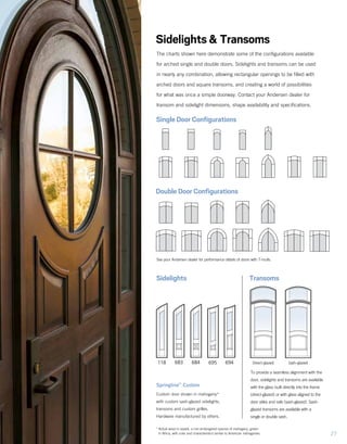 683118 684 694695 Direct-glazed Sash-glazed
27
The charts shown here demonstrate some of the configurations available
for arched single and double doors. Sidelights and transoms can be used
in nearly any combination, allowing rectangular openings to be filled with
arched doors and square transoms, and creating a world of possibilities
for what was once a simple doorway. Contact your Andersen dealer for
transom and sidelight dimensions, shape availability and specifications.
683118 684 694695 Direct-glazed Sash-glazed
Springline™
Custom
Custom door shown in mahogany*
with custom sash-glazed sidelights,
transoms and custom grilles.
Hardware manufactured by others.
See your Andersen dealer for performance details of doors with T-mulls.
To provide a seamless alignment with the
door, sidelights and transoms are available
with the glass built directly into the frame
(direct-glazed) or with glass aligned to the
door stiles and rails (sash-glazed). Sash-
glazed transoms are available with a
single or double sash.
Single Door Configurations
Double Door Configurations
Sidelights & Transoms
Sidelights Transoms
*	Actual wood is sapele, a non-endangered species of mahogany, grown
in Africa, with color and characteristics similar to American mahoganies.
 