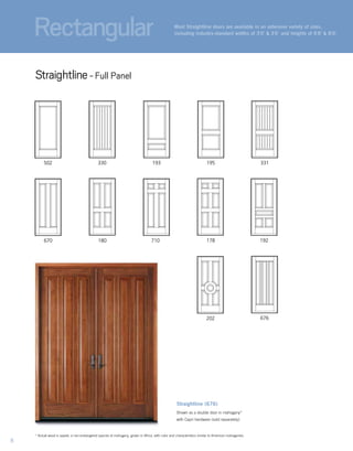 193502 195 331330
180
202
670
676
192710 178
Most Straightline doors are available in an extensive variety of sizes,
including industry-standard widths of 3'0" & 3'6" and heights of 6'8" & 8'0."
Straightline- Full Panel
Rectangular
Straightline (676)
Shown as a double door in mahogany*
with Capri hardware (sold separately).
8
*	Actual wood is sapele, a non-endangered species of mahogany, grown in Africa, with color and characteristics similar to American mahoganies.
 