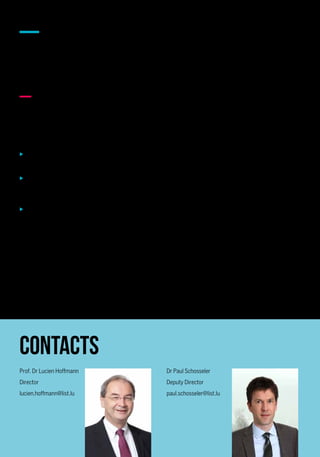 LIST’s “Environmental Research & Innovation” (ERIN) department
develops strategies, technologies and tools to better monitor,
assess, use and safeguard natural and renewable resources.
Our research topics are water security and safety, plants for biomass,
biopolymers and bioenergy, life cycle sustainability and risk assessment,
and e-Science for environmental and biological applications.
More information at LIST.lu/erin
Environmental
Research and
Innovation
( ERIN )
RDI Department
Our RDI Departments
and their
competence domains
© LIST - December 2014 - printed on FSC certified paper
Equipment and tools
Contacts
Prof. Dr Lucien Hoffmann
Director
lucien.hoffmann@list.lu
Dr Paul Schosseler
Deputy Director
paul.schosseler@list.lu
ERIN operates a comprehensive set of monitoring, analytical and modelling resources. Besides laboratory
infrastructures in biochemistry, isotope hydrology, microscopy, microbiology, toxicology, as well as for the culture and
maintenance of living organisms (cell culture models, viruses, bacteria, fungi, in vitro plants, insects), we host three
technology platforms:
uu The Analytical Chemistry Platform allows the identification and qualification of a wide array of inorganic and
organic chemical substances (metabolites, biopolymers, major to trace elements, xenobiotics, …) in various
environmental and biological matrices.
uu The Genomics, Proteomics, and Metabolomics Analysis Platform offers technologies to fully characterize
the molecular profiles of biological samples (with a specialization on plants), including genetic sequencing and
genotyping, gene expression, different protein expression analysis approaches, as well as cellular metabolite
fingerprinting.
uu The High Performance Computing Platform consists of a Linux cluster plus peripheral hardware and is dedicated
to parallel computing and modelling, centralized storage as well as to data pre-/postprocessing and visualization
of results.
The department’s ecotechnology facilities comprise fully automated bioreactors and pilots of different scales for
the optimization of bioenergy and wastewater treatment processes, including on-line analytical sensors for measuring
water quality and gases such as CH4
, CO2
, H2
S, and N2
O.
The environmental monitoring resources of the department span a wide range of applications – including sampling
and in situ analysis of biological, chemical, hydro-meteorological, and geophysical parameters. The Observatory
for Climate and Environment runs a unique hydro-meteorological instrument network in the Alzette River basin
– covering a wide array of geological, topographical and land use characteristics. The department’s environmental
monitoring vehicle is fully equipped for the combined acquisition of air quality and meteorological data. An airborne
thermal hyperspectral camera with its associated spectral lab and field equipment allows to retrieve quantitative
attributes over natural surfaces at field to landscape scales.
Luxembourg Institute of
Science and Technology (LIST)
5, avenue des Hauts-Fourneaux
L-4362 Esch/Azette
Tél. : 275 888 - 1
info@list.lu
LIST.lu
Follow us on social media
www.list.lu/social-media
AboutLIST
A key player in research and innovation in
Luxembourg, the Luxembourg Institute
of Science and Technology (LIST) covers
with its 630 employees the domains of
materials, environment and IT. As a RTO
(Research and Technology Organisation)
and with its interdisciplinary impact-
driven approach, LIST contributes to the
development of Luxembourg’s economy
and society.
More information  : LIST.lu
ENVIRONMENTAL
RESEARCH AND
INNOVATION (ERIN)
• Water security and safety
• Plants for biomass, biopolymers and
bioenergy
• Life cycle sustainability and risk
assessment
• e-Science for environmental and
biological applications
MATERIALS RESEARCH
AND TECHNOLOGY (MRT)
• Nanomaterials and nanotechnologies
• Composite and advanced materials
IT FOR INNOVATIVE
SERVICES (ITIS)
• Decisional knowledge dynamics
• Trusted service systems
• Service engineering with impact
 