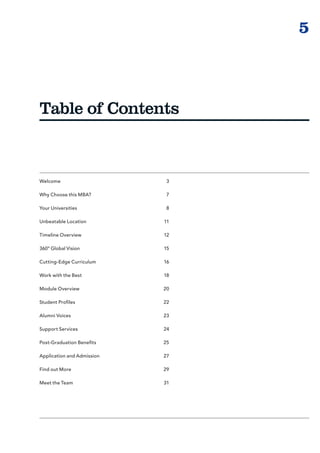 5



Table of Contents



Welcome                      3

Why Choose this MBA?         7

Your Universities            8

Unbeatable Location         11

Timeline Overview           12

360° Global Vision          15

Cutting-Edge Curriculum     16

Work with the Best          18

Module Overview             20

Student Profiles            22

Alumni Voices               23

Support Services            24

Post-Graduation Benefits    25

Application and Admission   27

Find out More               29

Meet the Team               31
 