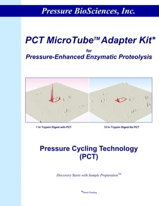 Pressure BioSciences, Inc.


PCT MicroTubeTM Adapter Kit*
                                      for
Pressure-Enhanced Enzymatic Proteolysis




   1 hr Trypsin Digest with PCT                     12 hr Trypsin Digest No PCT




     Pressure Cycling Technology
                (PCT)

                   Discovery Starts with Sample PreparationTM



                                  *Patent Pending
 