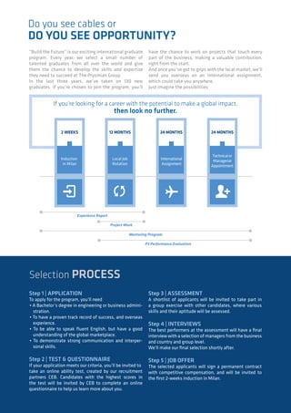 Do you see cables or
DO YOU SEE OPPORTUNITY?
Selection PROCESS
“Build the Future” is our exciting international graduate
program. Every year, we select a small number of
talented graduates from all over the world and give
them the chance to develop the skills and expertise
they need to succeed at The Prysmian Group.
In the last three years, we’ve taken on 130 new
graduates. If you’re chosen to join the program, you’ll
have the chance to work on projects that touch every
part of the business, making a valuable contribution,
right from the start.
And once you’ve got to grips with the local market, we’ll
send you overseas on an international assignment,
which could take you anywhere.
Just imagine the possibilities
If you’re looking for a career with the potential to make a global impact,
then look no further.
Experience Report
Mentoring Program
P3 Performance Evaluation
Project Work
24 MONTHS
Technical or
Managerial
Appointment
24 MONTHS
International
Assignment
12 MONTHS
Local Job
Rotation
2 WEEKS
Induction
in Milan
Step 1 | APPLICATION
To apply for the program, you’ll need
• A Bachelor’s degree in engineering or business admini-
stration.
• To have a proven track record of success, and overseas
experience.
• To be able to speak fluent English, but have a good
understanding of the global marketplace.
• To demonstrate strong communication and interper-
sonal skills.
Step 2 | TEST & QUESTIONNAIRE
If your application meets our criteria, you’ll be invited to
take an online ability test, created by our recruitment
partners CEB. Candidates with the highest scores in
the test will be invited by CEB to complete an online
questionnaire to help us learn more about you.
Step 3 | ASSESSMENT
A shortlist of applicants will be invited to take part in
a group exercise with other candidates, where various
skills and their aptitude will be assessed.
Step 4 | INTERVIEWS
The best performers at the assessment will have a final
interview with a selection of managers from the business
and country and group level.
We’ll make our final selection shortly after.
Step 5 | JOB OFFER
The selected applicants will sign a permanent contract
with competitive compensation, and will be invited to
the first 2-weeks induction in Milan.
 