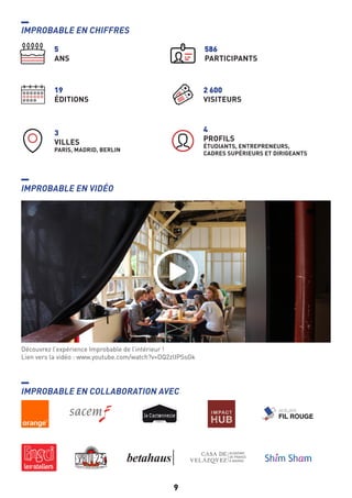 9
Découvrez l’expérience Improbable de l’intérieur !
Lien vers la vidéo : www.youtube.com/watch?v=DQ2zlIPSsGk
5
ANS
586
PARTICIPANTS
2 600
VISITEURS
4
PROFILS
ÉTUDIANTS, ENTREPRENEURS,
CADRES SUPÉRIEURS ET DIRIGEANTS
19
ÉDITIONS
3
VILLES
PARIS, MADRID, BERLIN
IMPROBABLE EN COLLABORATION AVEC
IMPROBABLE EN CHIFFRES
IMPROBABLE EN VIDÉO
 