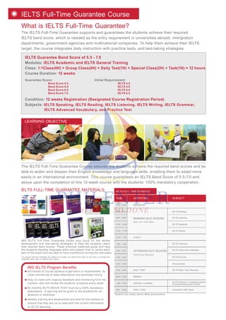 The IELTS Full-Time Guarantee Course assures the students achieve the required band scores and be
able to widen and deepen their English knowledge and language skills, enabling them to adapt more
easily in an international environment. This course guarantees an IELTS Band Score of 5.5-7.0 and
above upon the completion of this 12-week course with the students’ 100% mandatory cooperation.
What is IELTS Full-Time Guarantee?
The IELTS Full-Time Guarantee supports and guarantees the students achieve their required
IELTS band score, which is needed as the entry requirement in universities abroad, immigration
departments, government agencies and multinational companies. To help them achieve their IELTS
target, the course integrates daily instruction with practice tests, and test-taking strategies.
IELTS Full-Time Guarantee Course
IELTS Guarantee Band Score of 5.5 - 7.0
Modules: IELTS Academic and IELTS General Training
Class: 1:1Class(4H) + Group Class(4H) + Daily Test(1H) + Special Class(2H) + Task(1H) = 12 hours
Course Duration: 12 weeks
Guarantee Score: Initial Requirement:
Band Score 5.5 IELTS 4.0
Band Score 6.0 IELTS 5.0
Band Score 6.5 IELTS 6.0
Band Score 7.0 IELTS 6.5
Condition: 12 weeks Registration (Designated Course Registration Period)
Subjects: IELTS Speaking, IELTS Reading, IELTS Listening, IELTS Writing, IELTS Grammar,
IELTS Advanced Vocabulary, and Practice Test
Strictness of course syllabus supervision is implemented by
close monitoring of class attendance and tardiness noting.
IMS IELTS Program Benefits:
Stay on track with ongoing feedback and monitoring from the
trainers, who will review the students’ progress every week.
Bi-monthly IELTS MOCK TEST must be a 100% mandatory
attendance. A warning will be given to the students for an
absence or tardiness.
Weekly training and assessment are held for the trainers to
ensure that they are up-to-date with the current information
to IELTS teaching.
IELTS FULL-TIME GUARANTEE MATERIALS:
LEARNING OBJECTIVE
*To ensure that the materials are always up to date, we reserve the right, at any time, to change the
materials used, with or without prior notice.
*Subjects may change without official announcement.
IELTS FULL- TIME SCHEDULE
ACTIVITIESTIME SUBJECT
IMS IELTS Full-Time Guarantee books only focus on the skilled
development and test-taking strategies to help the students reach
their desired band scores. These practical materials guide and help
the students develop language skills and explain how to tackle each
part of the exam and are able to have confidence during the real exam.
MORNING IELTS SESSIONS
AFTERNOON IELTS SESSIONS
One- on- one Class
7:00 - 8:00
8:00 - 8:50
9:00 - 9:50
10:00 - 10:50
11:00 - 11:50
IELTS Reading
IELTS Listening
IELTS Speaking
IELTS Writing
BREAKFAST
12:00 - 1:00 LUNCH
DINNER
2:00 - 2:50
1:00 - 1:50
3:00 - 3:50
5:00 - 5:50 DAILY TEST
4:00 - 4:50
Small Group/ Big group
IELTS Grammar
Pronunciation
IELTS Mock Test/ Discusion
6:00 - 7:00
SPECIAL CLASSES7:00 - 9:00 IELTS Grammar/ VocabularyListening
& Writing Enhancement Activity
9:00 - 10:00
IELTS Exercises
IELTS Advanced Vocabulary
DAILY TASK Homework/ Self- Study
 