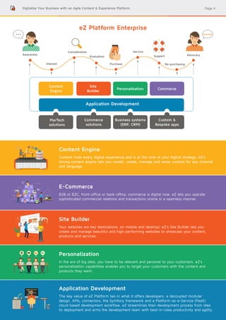 Page 4Digitalize Your Business with an Agile Content & Experience Platform
Personalization
In the era of big data, you have to be relevant and personal to your customers. eZ’s
personalization capabilities enables you to target your customers with the content and
products they want.
Application Development
The key value of eZ Platform lies in what it offers developers: a decoupled modular
design, APIs, connectors, the Symfony framework and a Platform-as-a-Service (PaaS)
cloud-based development workflow. eZ streamlines their development process from idea
to deployment and arms the development team with best-in-class productivity and agility.
E-Commerce
B2B or B2C, front-office or back-office, commerce is digital now. eZ lets you operate
sophisticated commercial relations and transactions online in a seamless manner.
Site Builder
Your websites are key destinations, on mobile and desktop! eZ’s Site Builder lets you
create and manage beautiful and high-performing websites to showcase your content,
products and services.
Content Engine
Content fuels every digital experience and is at the core of your digital strategy. eZ’s
strong content engine lets you model, create, manage and reuse content for any channel
and language.
eZ Platform Enterprise
Application Development
Content
Engine
MarTech
solutions
Commerce
solutions
Business systems
(ERP, CRM)
Custom &
Bespoke apps
Site
Builder
Personalization Commerce
Awareness
Consideration Service
Advocacy
Interest
Support
Re-purchasing
Evaluation
Purchase
 