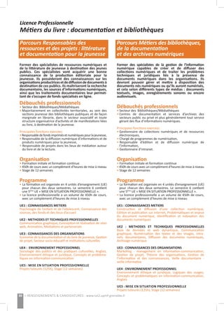 30 > RENSEIGNEMENTS & CANDIDATURES : www.iut2.upmf-grenoble.fr
Licence Professionnelle
Métiers du livre : documentation et bibliothèques
s
Parcours Métiers des bibliothèques,
de la documentation
et des archives numériques
Former des spécialistes de la gestion de l’information
numérique capables de créer et de diffuser des
collections numériques et de traiter les problèmes
techniques et juridiques liés à la présence de
documents numériques dans les organisations. Ils
devront pouvoir gérer et mettre à disposition des
documents nés numériques ou qu’ils auront numérisés,
et cela selon différents types de médias : documents
textuels, images, enregistrements sonores ou encore
audiovisuels.
Débouchés professionnels
•	Secteur des Bibliothèques/Médiathèques
•	Centres de documentation et services d’archives des
	 secteurs public ou privé et plus généralement tout service
	 gérant des flux d’informations numériques.
	
Principales fonctions exercées
•	Gestionnaire de collections numériques et de ressources
	 électroniques,
• Chargé de programmes de numérisation,
• Responsable d’édition et de diffusion numérique de
	 l’information,
• Gestionnaire d’intranet.
Organisation
• Formation initiale et formation continue
• 450h de cours avec un complément d’heures de mise à niveau
• Stage de 12 semaines
Programme
• La formation est organisée en 4 unités d’enseignement (UE)
	 pour chacun des deux semestres. Le semestre 6 contient
	 une 5ème
UE « MISE EN SITUATION PROFESSIONNELLE ».
• La licence professionnelle a un volume de 450h de cours,
	 avec un complément d’heures de mise à niveau
UE1 : CONNAISSANCES METIERS 
Construction et diffusion d’une collection numérique,
Edition et publication sur internet, Problématiques et enjeux
du document numérique, Identification et indexation des
documents numériques
UE2 : METHODES ET TECHNIQUES PROFESSIONNELLES 
Base de données et web dynamique, Communication
graphique, Numérisation des textes et des images, Intra-
nets documentaires, Diffusion des documents numériques,
Archivage numérique
UE3 : CONNAISSANCES DES ORGANISATIONS 
Marketing - management en information-communication,
Gestion de projet, Théorie des organisations, Gestion de
l’information et des connaissances, Veille documentaire -
veille informative
UE4 : ENVIRONNEMENT PROFESSIONNEL
Environnement éthique et juridique, Logiques des usages,
Concepts et problématiques en information-communication,
Anglais
UE5 : MISE EN SITUATION PROFESSIONNELLE 
Projets tuteurés (125h), Stage (12 semaines)
Parcours Responsables des
ressources et des projets : littérature
et documentation pour la jeunesse
Former des spécialistes de ressources numériques et
de la littérature de jeunesse à destination des jeunes
publics. Ces spécialistes vont acquérir une bonne
connaissance de la production éditoriale pour la
jeunesse. Ils possèderont des connaissances sur les
organisationsproductricesetdediffusiondedocuments à
destination de ces publics. Ils maîtriseront la recherche
documentaire, les sources d’informations numériques,
ainsi que les traitements documentaires leur permet-
tant de s’occuper de fonds spécialisés en ligne.
Débouchés professionnels
• Secteur des Bibliothèques/Médiathèques
• Majoritairement en collectivités territoriales, au sein des
	 sections jeunesse des bibliothèques publiques et de façon
	 marginale en librairie, dans le secteur associatif et toute
	 structure organisatrice d’activités et de manifestations liées
	 au livre, à destination de la jeunesse.
Principales fonctions exercées
•Responsabledefondsimprimésetnumériquespourlajeunesse,
• Responsable de la diffusion numérique d’informations et de
	 produits numériques pour la jeunesse,
• Responsable de projets dans les lieux de médiation autour
	 du livre et de la lecture.
Organisation
• Formation initiale et formation continue
• 450h de cours avec un complément d’heures de mise à niveau
• Stage de 12 semaines
Programme
• La formation est organisée en 4 unités d’enseignement (UE)
	 pour chacun des deux semestres. Le semestre 6 contient
	 une 5ème
UE « MISE EN SITUATION PROFESSIONNELLE ».
• La licence professionnelle a un volume de 450h de cours,
	 avec un complément d’heures de mise à niveau
UE1 : CONNAISSANCES METIERS 
Psychologie de l’enfant et de l’adolescent, Connaissance des
sources, des fonds et des lieux d’accueil
UE2 : METHODES ET TECHNIQUES PROFESSIONNELLES 
Communication graphique, Conception et réalisation de sites
web, Animation, Médiations et partenariats
UE3 : CONNAISSANCES DES ORGANISATIONS 
Economie de la documentation et du livre de jeunesse, Gestion
de projet, Secteur socio-éducatif et institutions culturelles
UE4 : ENVIRONNEMENT PROFESSIONNEL 
Sociologie des publics et des pratiques culturelles, Anglais,
Environnement éthique et juridique, Concepts et probléma-
tiques en information-communication
UE5 : MISE EN SITUATION PROFESSIONNELLE 
Projets tuteurés (125h), Stage (12 semaines)
 