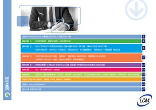 DOMAINE 2 : GRH – DÉVELOPPEMENT PERSONNEL-COMMUNICATION - ACTION COMMERCIALE- MARKETING
		 COMPTABILITÉ – FINANCES - FISCALITÉ - TRÉSORERIE - RECOUVREMENT - JURIDIQUE - MARCHÉS PUBLICS
DOMAINE 3 : COMPTABILITÉ ANALYTIQUE - BUDGET ET CONTRÔLE BUDGÉTAIRE- CONTRÔLE DE GESTION
		 CONTRÔLE INTERNE - AUDIT - MANAGEMENT ET PERFORMANCE
CONDITIONS GÉNÉRALES D’INSCRIPTION ET DE PARTICIPATION
DOMAINE 1 : SECRÉTARIAT - ASSISTANAT – BUREAUTIQUE
DOMAINE 5 : GED – INFORMATIQUE – BANQUE
DOMAINE 6 : QUALITé – ENVIRONNEMENT – PéTROLE - éNERGIE - éLECTRICITé - TéLéCOMMUNICATIONS - SécUriTé ROUTèRE - PORTUAIRE - MÉCATRONIQUE
FORMATIONS HORS MAROC : DAKAR, PARIS, DUBAI et ISTANBUL
CONSEIL ET ACCOMPAGNEMENT
BULLETIN D’INSCRIPTION
3
26
29
42
46
47
4
8
17
DOMAINE 4 : MANAGEMENT DE PROJET-ACHATS-GESTION STOCKS-APPROVISIONNEMENTS-LOGISTIQUE 22
SOMMAIRE
 