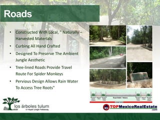 Roads
 • Constructed With Local, " Naturally –
   Harvested Materials
 • Curbing All Hand Crafted
 • Designed To Preserve The Ambient
   Jungle Aesthetic
 • Tree-lined Roads Provide Travel
   Route For Spider Monkeys
 • Pervious Design Allows Rain Water
   To Access Tree Roots"
 