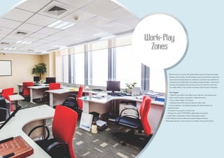 Work-Play 
Zones 
Get the most out of work with spirited office spaces that blur the borders 
between work and play. Hi-tech facilities, top-end connectivity, ergonomic 
work-zones (including those for conferences, seminars and celebrations) 
perfected to the littlest detail, thoughtfully designed lobbies, high level of 
security and professional service ensure that you shine the most when 
you really need to, and, wonder of wonders, look forward to Mondays! 
Key Nuggets 
• Split AC’s provided in the Office Units. Split AC’s with ceiling hung 
Indoor unit & outdoor unit placed in adjacent balcony. 
• Floor to floor height: 3.75 meters 
• Dedicated drop off & entrance lobby for office units. 
• Internal signage: main lobby equipped with tenant directory & 
directional signs 
• Provision for wet points in all the units. 
• Provision for cable TV/IPTV/DTH, optical fibre connectivity. 
• Lobby finish: combination of stone and painted surface. 
• Fully Finished common toilets with modern fittings & fixtures. 
• High speed elevator to ensure ease of circulation among all the floors. 
http://www.m3mnewprojects.co.in/m3m-urbana-sector-67-gurgaon/ 
 