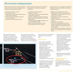 Крушение рейса МН17 - 9
Была также рассмотрена
возможность воздушного
нападения самолета военной
авиации. Крушение не могло
быть вызвано нападением с
воздуха, если учесть найденные
высокоскоростные объекты,
повреждения воздушного судна
и траектории движения
высокоскоростных объектов.
Кроме того, анализ имеющегося
материала показал, что в радиусе
минимально 30 км от воздушного
судна военных самолетов не
было.
Заключения
•	 17 июля 2014г. рейс МН17
Малазийских Авиалиний,
выполняемый годным к полету
Боингом 777-220,
регистрационный номер
9М-MRD, проходил на
крейсерской высоте вблизи
украинско-российской границы,
под контролем службы
управления воздушным
движением Украины, под
управлением имеющего
должный допуск и
квалификацию летного экипажа.
•	 В 13.20:03 снаружи, слева над
кабиной пилота, произошел
взрыв боевой части модели
9N314M, установленной на
ракете серии 9М38,
выпущенной ЗРК «Бук».
•	 В результате поражения сразу
погибли три члена экипажа в
кабине пилотов. Взрыв также
нанес повреждения
конструкции передней секции
фюзеляжа судна, что привело к
распаду судна в воздухе.
Обломки судна были
разбросаны по территории
площадью 50 км2 вблизи
деревни Петропавловка и
города Грабово, Украина. Все
298 находящихся на борту
погибли.
•	 Другие возможные сценарии
событий были рассмотрены и
исключены.
Дополнительная
информация
В полном объеме результаты
расследования причин крушения
рейса МН17 можно найти в
первой части отчета «Крушение
МН17».
Источники информации
Обстоятельства полета и позиция воздушного
судна на момент попадания определялись на
основании следующих источников:
•	 Самописец полетных данных;
•	 Речевой самописец;
•	 Переговоры с диспетчерской управления
воздушным движением;
•	 Местоположение аварийного маяка в
момент активации;
•	 План полета и подготовка к полету.
Время поражения воздушного судна было
определено на основании следующих
источников:
•	 Самописец полетных данных;
•	 Речевой самописец;
•	 Переговоры с диспетчерской управления
воздушным движением;
•	 Данные и изображения радиолокаторов,
предоставленные Украиной и Российской
Федерацией;
•	 Последние данные ACARS, переданные по
системам SATCON и ОВЧ;
•	 Время активации аварийного маяка;
•	 Зона разброса обломков на земле.
Заключение о том, что воздушное судно было
сбито ракетой комплекса «Бук» основано на
следующих данных:
•	 Форма и состав найденных частиц;
•	 Повреждения самолета при поражении
(распределение повреждений, плотность
следов, угол и место);
•	 Повреждения самолета, вызванные
взрывной волной;
•	 Ранения членов летного экипажа в кабине
пилотов;
•	 Найденные части ракеты;
•	 Сходство между образцами краски на
найденных среди обломков фрагментах
ракеты и убранных из района крушения
частей ракеты;
•	 Акустический пик на речевом самописце;
•	 Высота, на которой было сбито воздушное
судно.
Изображение на экране радиолокатора Российской Федерации, рейс
МН17 и дополнительная информация.
 