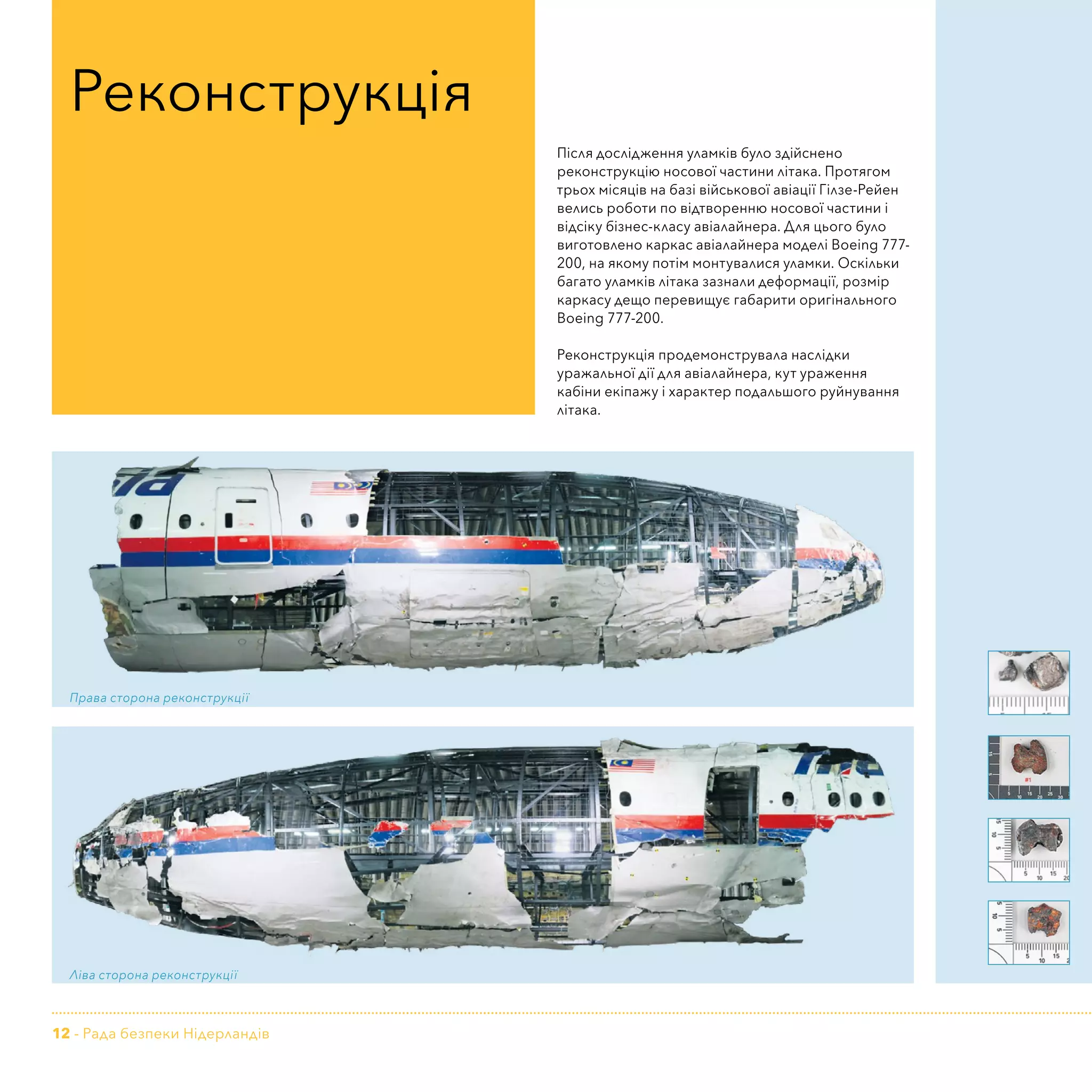 12 - Рада безпеки Нідерландів
Після дослідження уламків було здійснено
реконструкцію носової частини літака. Протягом
трьох місяців на базі військової авіації Гілзе-Рейен
велись роботи по відтворенню носової частини і
відсіку бізнес-класу авіалайнера. Для цього було
виготовлено каркас авіалайнера моделі Boeing 777-
200, на якому потім монтувалися уламки. Оскільки
багато уламків літака зазнали деформації, розмір
каркасу дещо перевищує габарити оригінального
Boeing 777-200.
Реконструкція продемонструвала наслідки
уражальної дії для авіалайнера, кут ураження
кабіни екіпажу і характер подальшого руйнування
літака.
Реконструкція
Права сторона реконструкції
Ліва сторона реконструкції
 