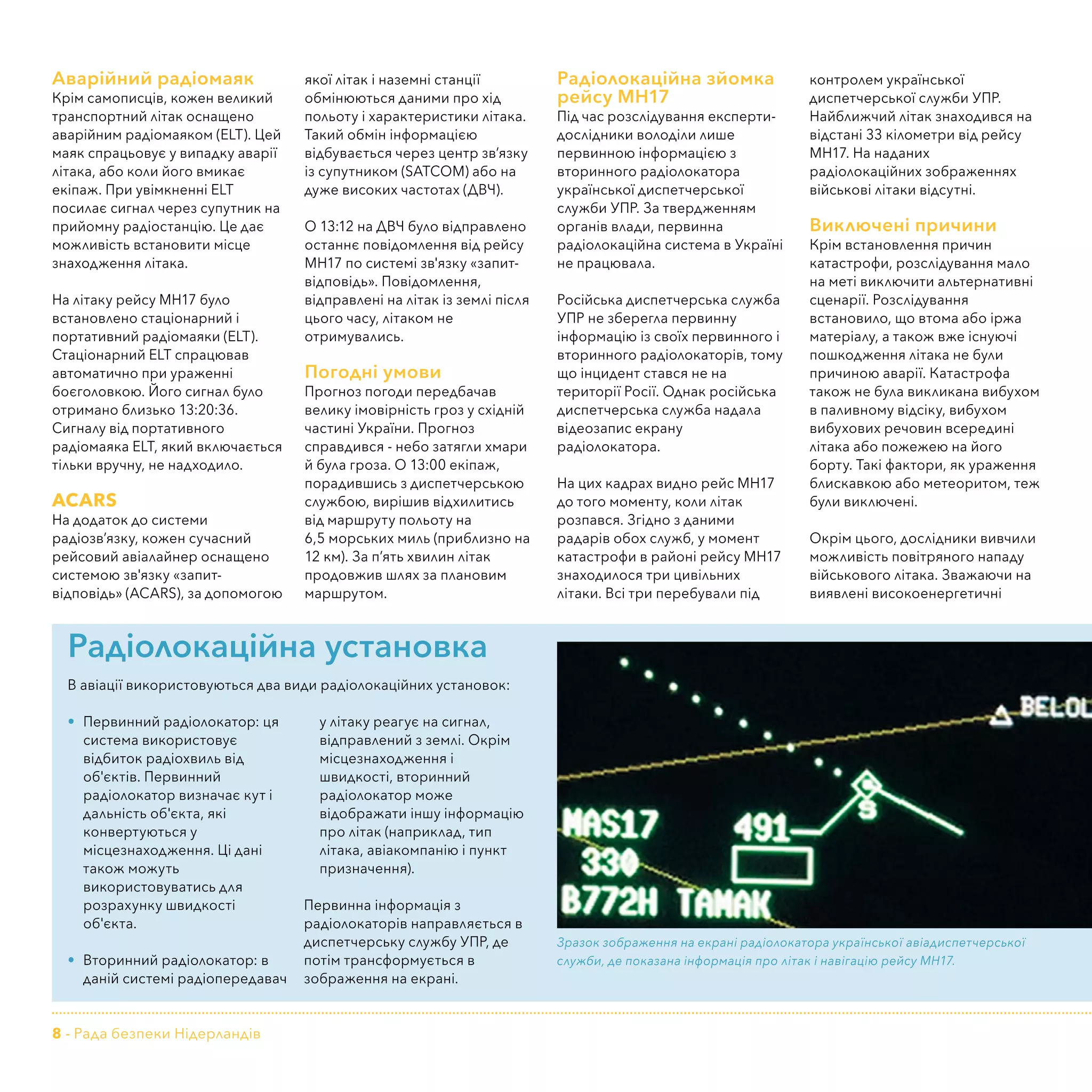 8 - Рада безпеки Нідерландів
Аварійний радіомаяк
Крім самописців, кожен великий
транспортний літак оснащено
аварійним радіомаяком (ELT). Цей
маяк спрацьовує у випадку аварії
літака, або коли його вмикає
екіпаж. При увімкненні ELT
посилає сигнал через супутник на
прийомну радіостанцію. Це дає
можливість встановити місце
знаходження літака.
На літаку рейсу MH17 було
встановлено стаціонарний і
портативний радіомаяки (ELT).
Стаціонарний ELT спрацював
автоматично при ураженні
боєголовкою. Його сигнал було
отримано близько 13:20:36.
Сигналу від портативного
радіомаяка ELT, який включається
тільки вручну, не надходило.
ACARS
На додаток до системи
радіозв’язку, кожен сучасний
рейсовий авіалайнер оснащено
системою зв'язку «запит-
відповідь» (ACARS), за допомогою
якої літак і наземні станції
обмінюються даними про хід
польоту і характеристики літака.
Такий обмін інформацією
відбувається через центр зв’язку
із супутником (SATCOM) або на
дуже високих частотах (ДВЧ).
О 13:12 на ДВЧ було відправлено
останнє повідомлення від рейсу
MH17 по системі зв'язку «запит-
відповідь». Повідомлення,
відправлені на літак із землі після
цього часу, літаком не
отримувались.
Погодні умови
Прогноз погоди передбачав
велику імовірність гроз у східній
частині України. Прогноз
справдився - небо затягли хмари
й була гроза. О 13:00 екіпаж,
порадившись з диспетчерською
службою, вирішив відхилитись
від маршруту польоту на
6,5 морських миль (приблизно на
12 км). За п’ять хвилин літак
продовжив шлях за плановим
маршрутом.
Радіолокаційна зйомка
рейсу MH17
Під час розслідування експерти-
дослідники володіли лише
первинною інформацією з
вторинного радіолокатора
української диспетчерської
служби УПР. За твердженням
органів влади, первинна
радіолокаційна система в Україні
не працювала.
Російська диспетчерська служба
УПР не зберегла первинну
інформацію із своїх первинного і
вторинного радіолокаторів, тому
що інцидент стався не на
території Росії. Однак російська
диспетчерська служба надала
відеозапис екрану
радіолокатора.
На цих кадрах видно рейс MH17
до того моменту, коли літак
розпався. Згідно з даними
радарів обох служб, у момент
катастрофи в районі рейсу MH17
знаходилося три цивільних
літаки. Всі три перебували під
контролем української
диспетчерської служби УПР.
Найближчий літак знаходився на
відстані 33 кілометри від рейсу
MH17. На наданих
радіолокаційних зображеннях
військові літаки відсутні.
Виключені причини
Крім встановлення причин
катастрофи, розслідування мало
на меті виключити альтернативні
сценарії. Розслідування
встановило, що втома або іржа
матеріалу, а також вже існуючі
пошкодження літака не були
причиною аварії. Катастрофа
також не була викликана вибухом
в паливному відсіку, вибухом
вибухових речовин всередині
літака або пожежею на його
борту. Такі фактори, як ураження
блискавкою або метеоритом, теж
були виключені.
Окрім цього, дослідники вивчили
можливість повітряного нападу
військового літака. Зважаючи на
виявлені високоенергетичні
Радіолокаційна установка
В авіації використовуються два види радіолокаційних установок:
•	 Первинний радіолокатор: ця
система використовує
відбиток радіохвиль від
об'єктів. Первинний
радіолокатор визначає кут і
дальність об'єкта, які
конвертуються у
місцезнаходження. Ці дані
також можуть
використовуватись для
розрахунку швидкості
об'єкта.
•	 Вторинний радіолокатор: в
даній системі радіопередавач
у літаку реагує на сигнал,
відправлений з землі. Окрім
місцезнаходження і
швидкості, вторинний
радіолокатор може
відображати іншу інформацію
про літак (наприклад, тип
літака, авіакомпанію і пункт
призначення).
Первинна інформація з
радіолокаторів направляється в
диспетчерську службу УПР, де
потім трансформується в
зображення на екрані.
Зразок зображення на екрані радіолокатора української авіадиспетчерської
служби, де показана інформація про літак і навігацію рейсу МН17.
 