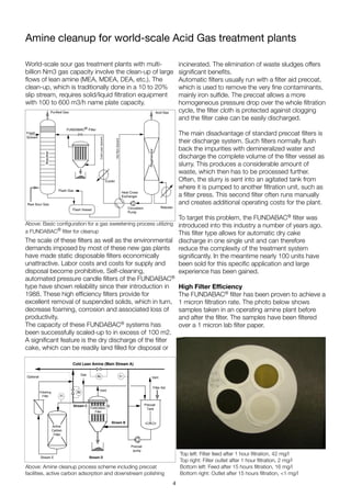 World-scale sour gas treatment plants with multi-
billion Nm3 gas capacity involve the clean-up of large
ﬂows of lean amine (MEA, MDEA, DEA, etc.). The
clean-up, which is traditionally done in a 10 to 20%
slip stream, requires solid/liquid ﬁltration equipment
with 100 to 600 m3/h name plate capacity.
Amine cleanup for world-scale Acid Gas treatment plants
The scale of these ﬁlters as well as the environmental
demands imposed by most of these new gas plants
have made static disposable ﬁlters economically
unattractive. Labor costs and costs for supply and
disposal become prohibitive. Self-cleaning,
automated pressure candle ﬁlters of the FUNDABAC®
type have shown reliability since their introduction in
1988. These high efﬁciency ﬁlters provide for
excellent removal of suspended solids, which in turn,
decrease foaming, corrosion and associated loss of
productivity.
The capacity of these FUNDABAC® systems has
been successfully scaled-up to in excess of 100 m2.  
A signiﬁcant feature is the dry discharge of the ﬁlter
cake, which can be readily land ﬁlled for disposal or
FUNDABAC
Filter
®
Gas
Vent
Precoat
pump
Precoat
Tank
Filter Aid
Active
Carbon
Filter
Polishing
Filter
Cold Lean Amine (Main Stream A)
Vent
∆p
∆p
FI
Stream B
FI
.
.
Stream D
Stream C
Stream E
Optional
Above: Basic conﬁguration for a gas sweetening process utilizing
a FUNDABAC® ﬁlter for cleanup
was started-up within two days including full proof of
ce guaranties. With its closed system, full automation and
nt dry discharge ability, the FUNDABAC®
represents one of
st advanced filtration system.
stries are
H2S, CO2
asstream.
absorption
gh heating
ghtforward
nes in the
through a
isturbing
ourgases.
t systems,
radationof
e. Even if
this does
taminants
ntaminant
o maintain
d to keep
ntrol, such
ure 1).
becomes
nts,mainly
n sulphide
eliminated
rocess. If
oved, the
n sulphide
would be
complexes
ry quickly.
hesolvent
t is being
se severe
damage,
overhead
cation.
entified as
typical foamers in Alkanolamine gas
treating are:
• Finely divided small solid particles
• Long-chain hydrocarbons close to
saturation in the solvent
• Long-chain compounds such as
proteins or other oxygenated polymers
Adding foam depressing agents to “fight
the symptoms” has always been the
measure of choice. However, as more
and more surfactants and particles are
accumulated, more anti-foam has to be
added, which then can cause upsets like
reducedadsorptionefficiencyofactivated
carbon or forming heat stable salts.
Common counter-measures and their
limitations:
In the past various measures have been
applied for amine purification with more
or less success and different
disadvantages:
• bleeding off a solvent slip-steam is
nowadays unacceptable because of
the high loss of solvent
• thermal methods like redistillation or
reclaiming have high energy
consumptionandare,incaseoftodays
efficient solvents like DEA or MDEA,
very troublesome
• existing disposable bag or cartridge
filtration systems are called upon to
Flash Vessel
Flash Gas
Absorber
Circulation
Pump
Heat Cross
Exchanger
Cooler
Reboiler
Regenerator
Raw Sour Gas
Purified Gas
FUNDABAC Filter®
Acid Gas
Fresh
Solvent
ColdLeanSolvent
HotRichSolvent
incinerated. The elimination of waste sludges offers
signiﬁcant beneﬁts.
Automatic ﬁlters usually run with a ﬁlter aid precoat,
which is used to remove the very ﬁne contaminants,
mainly iron sulﬁde. The precoat allows a more
homogeneous pressure drop over the whole ﬁltration
cycle, the ﬁlter cloth is protected against clogging
and the ﬁlter cake can be easily discharged.
The main disadvantage of standard precoat ﬁlters is
their discharge system. Such ﬁlters normally ﬂush
back the impurities with demineralized water and
discharge the complete volume of the ﬁlter vessel as
slurry. This produces a considerable amount of
waste, which then has to be processed further.
Often, the slurry is sent into an agitated tank from
where it is pumped to another ﬁltration unit, such as
a ﬁlter press. This second ﬁlter often runs manually
and creates additional operating costs for the plant.
To target this problem, the FUNDABAC® ﬁlter was
introduced into this industry a number of years ago.
This ﬁlter type allows for automatic dry cake
discharge in one single unit and can therefore
reduce the complexity of the treatment system
signiﬁcantly. In the meantime nearly 100 units have
been sold for this speciﬁc application and large
experience has been gained.
High Filter Eﬃciency
The FUNDABAC® ﬁlter has been proven to achieve a
1 micron ﬁltration rate. The photo below shows
samples taken in an operating amine plant before
and after the ﬁlter. The samples have been ﬁltered
over a 1 micron lab ﬁlter paper.
  Top left: Filter feed after 1 hour ﬁltration, 42 mg/l
Top right: Filter outlet after 1 hour ﬁltration, 2 mg/l
Bottom left: Feed after 15 hours ﬁltration, 16 mg/l
Bottom right: Outlet after 15 hours ﬁltration, <1 mg/l
Above: Amine cleanup process scheme including precoat
facilities, active carbon adsorption and downstream polishing
4
 